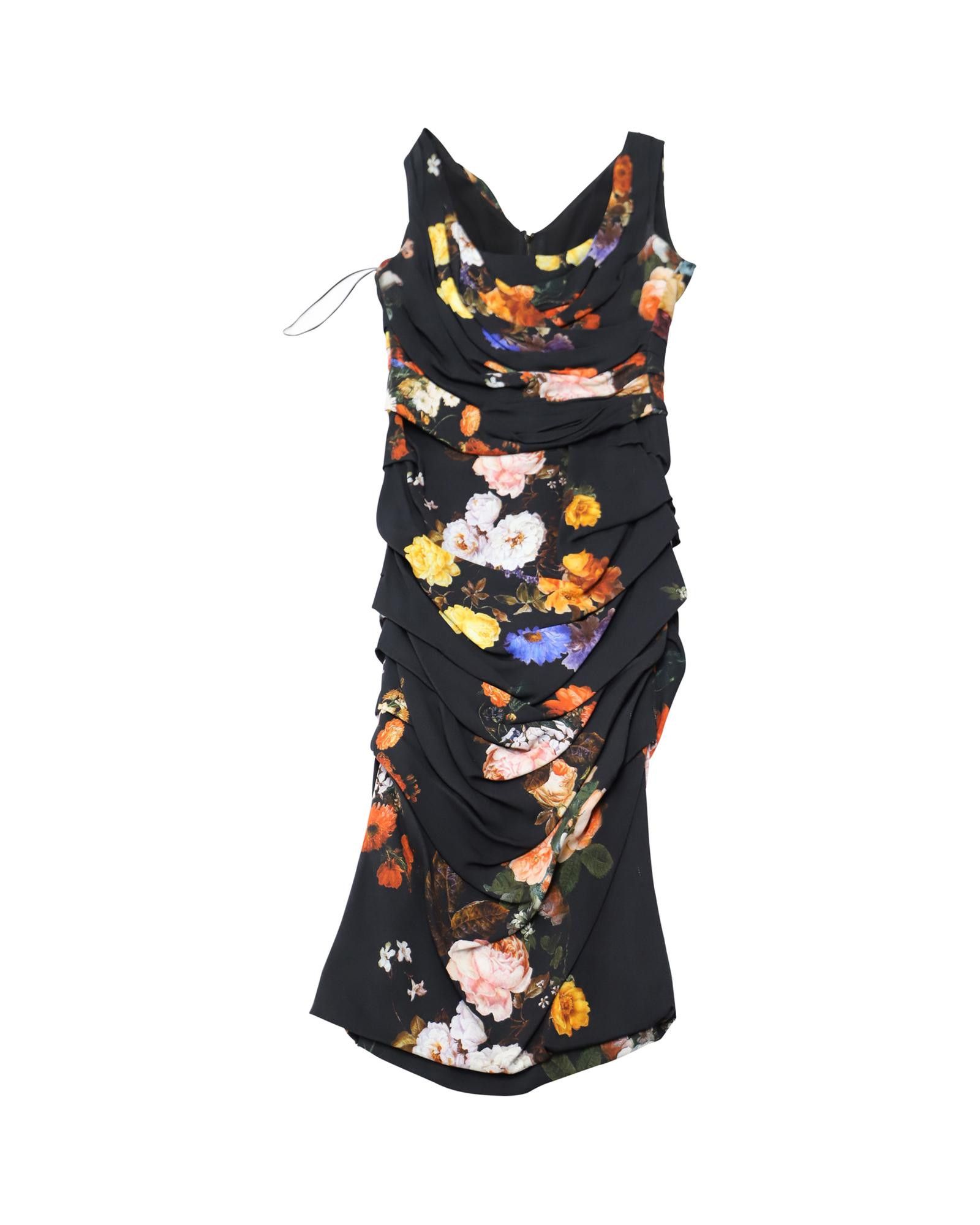 image of Dolce Gabbana Floral Print Ruched Midi Dress In Viscose Blend, Women's (Size XS)