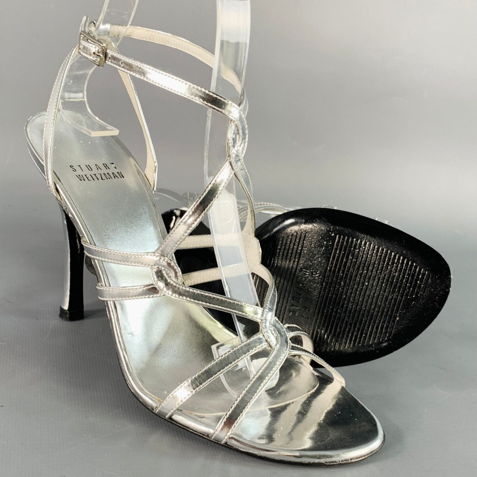 Stuart Weitzman Metallic Silver Patent Leather Strappy Ankle Strap Sandals Size US 6 / IT 36 - 5 Thumbnail