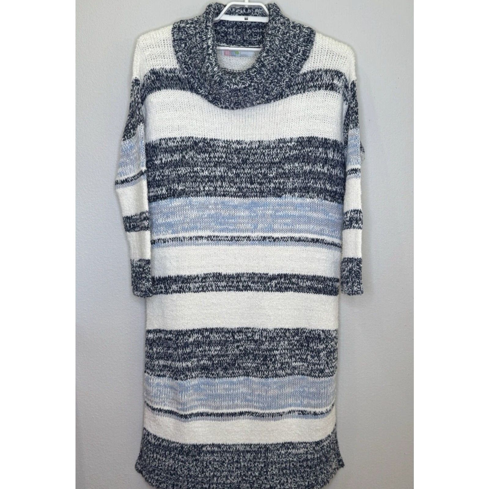Free People VINTAGE Free People Beach Womens Sweater Dress L Blue Stripe Cowl Neck Side Slits Long Sleeve Size L / US 10 / IT 46 - 2 Thumbnail