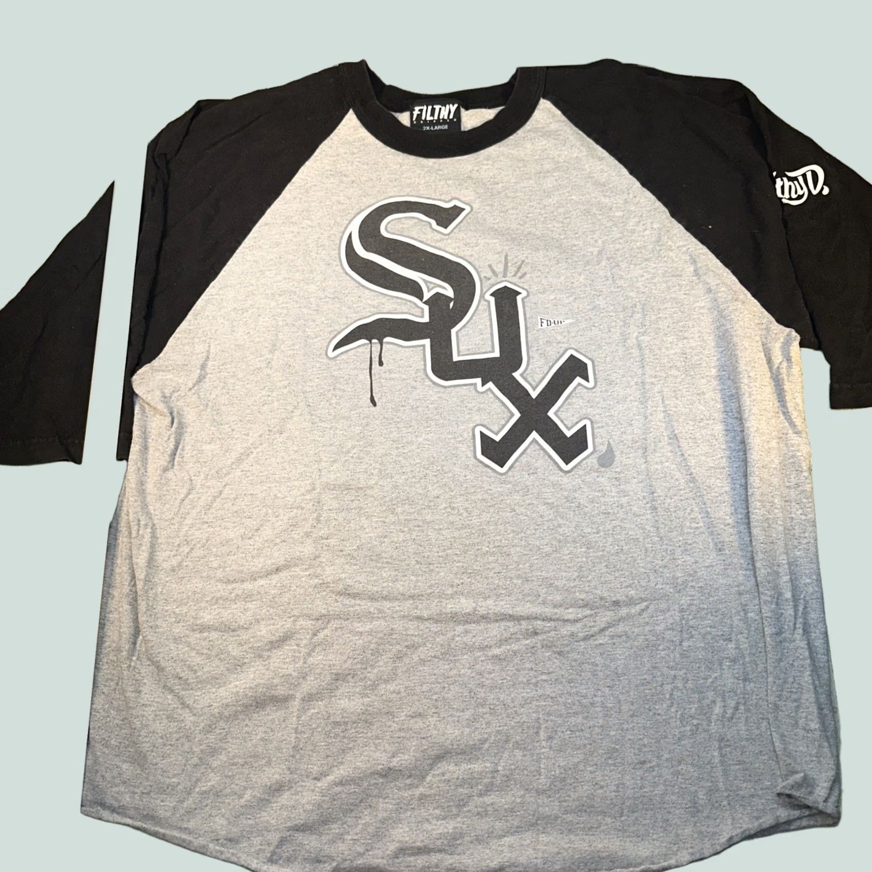 Vintage VINTAGE Filthy Dripped Baseball Shirt XXL White Crew Neck 3/4 Sleeve Mens Graphic Tee Size US XXL / EU 58 / 5 - 1 Thumbnail