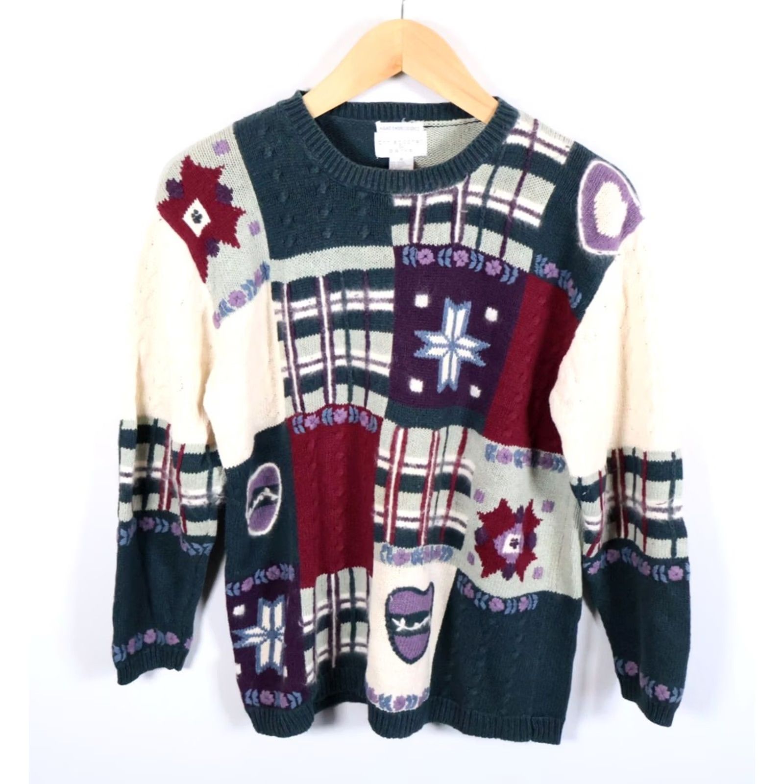 Vintage VINTAGE 90s Patchwork Sweater Women's Medium Green Ramie Cotton Christopher & Banks Crew Neck Embroidered Geometric Knit Pullover Casual Size M / US 6-8 / IT 42-44 - 2 Thumbnail