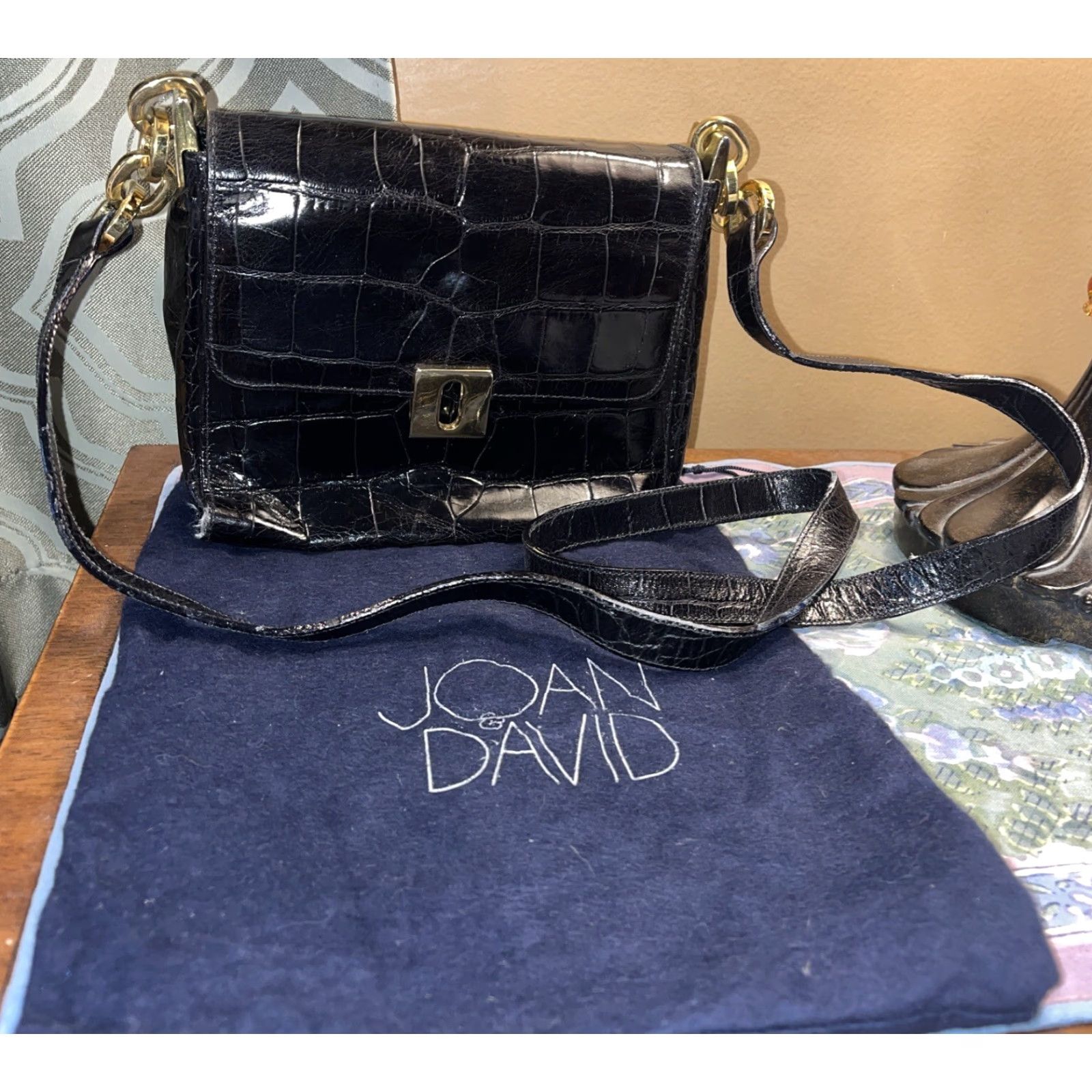 FELT VINTAGE Joan & David Black Leather Crocodile Shoulder Bag Small with Dust Bag, Designer, Animal Print, Womens Size ONE SIZE - 2 Thumbnail