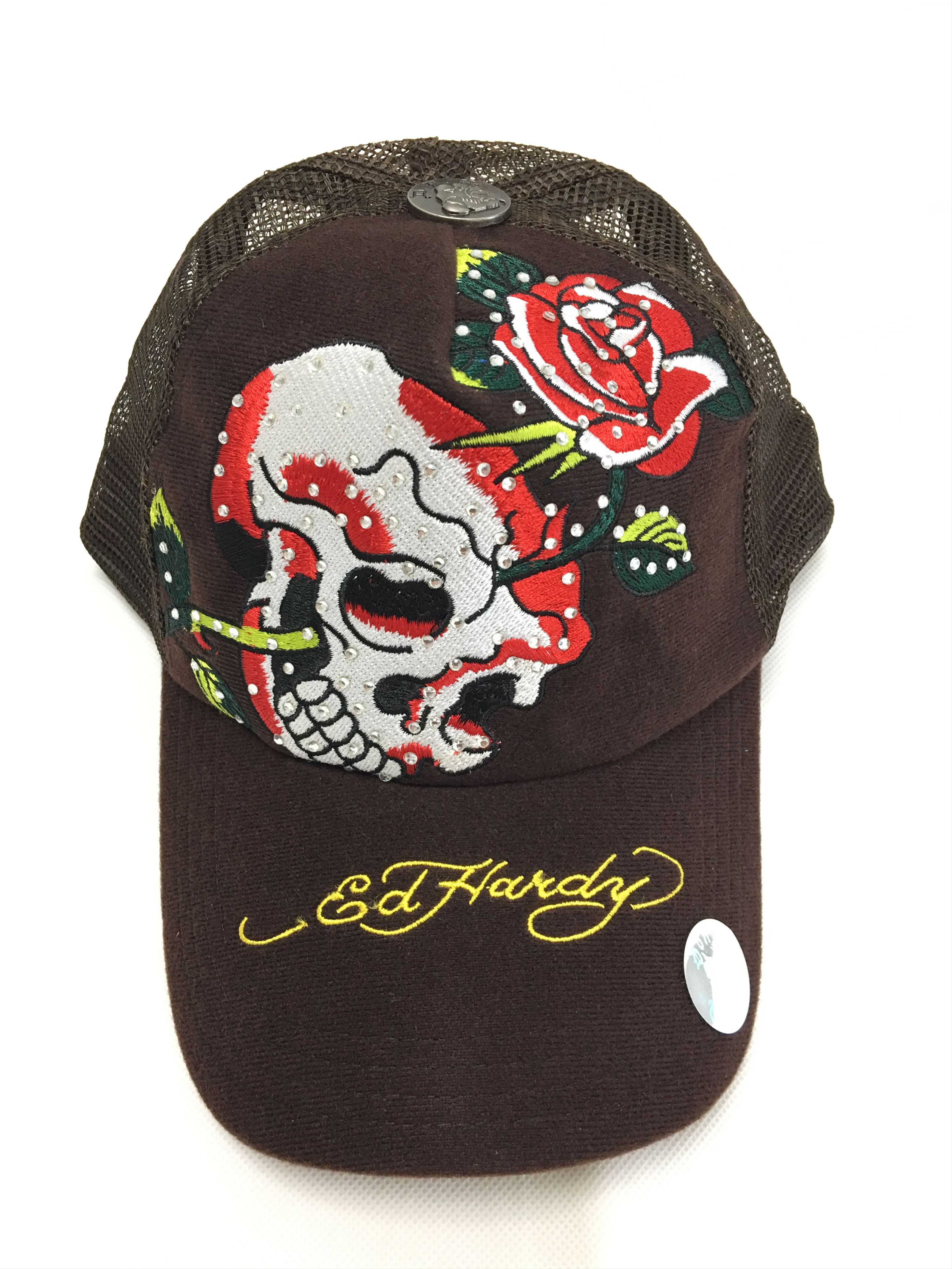 Ed Hardy Ed Hardy Skull Tattoo Embroidered Trucker Snapback Hat Brown ...