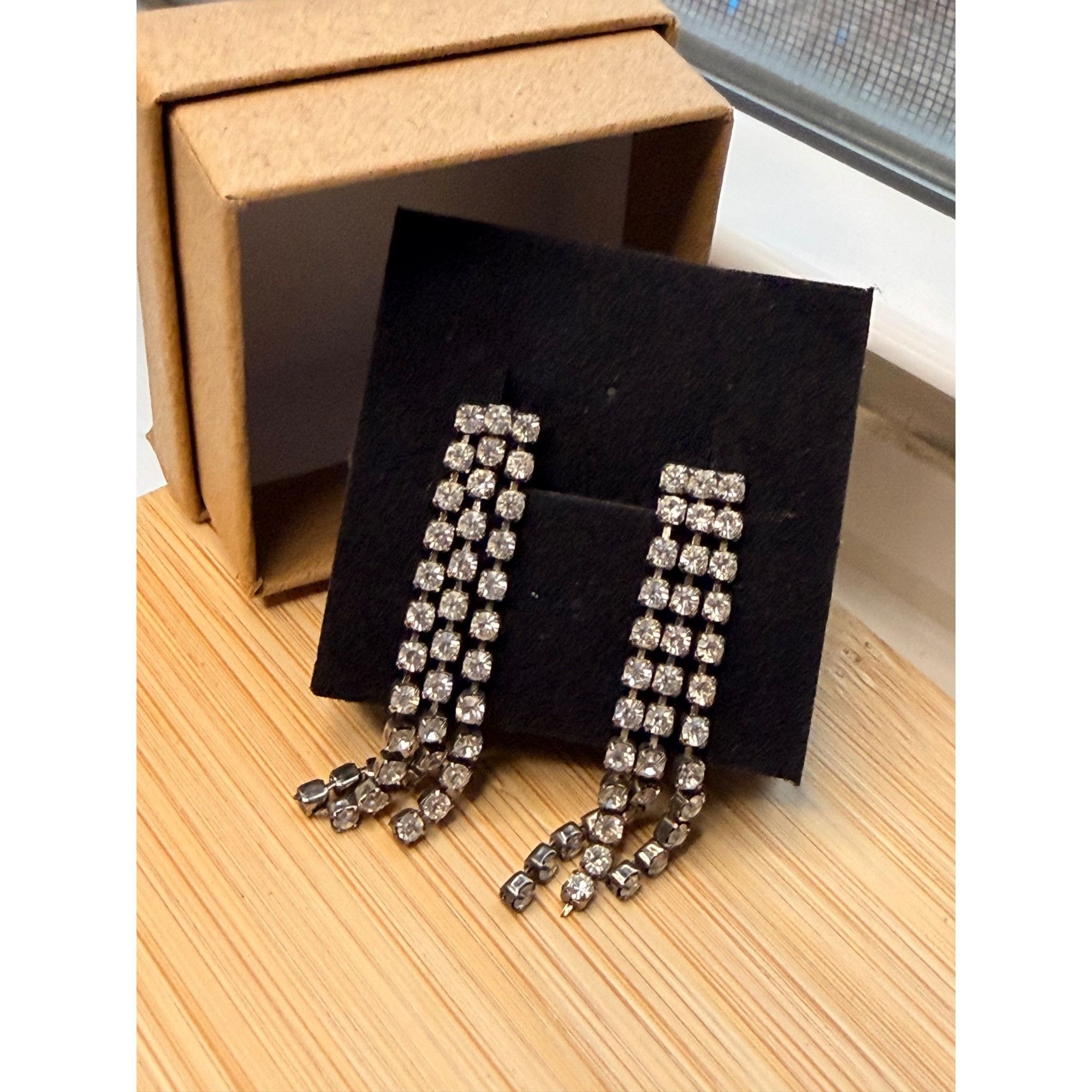 Other Silver-Tone Rhinestone Dangle Earrings With 3-Row Design For Size ONE SIZE - 4 Thumbnail