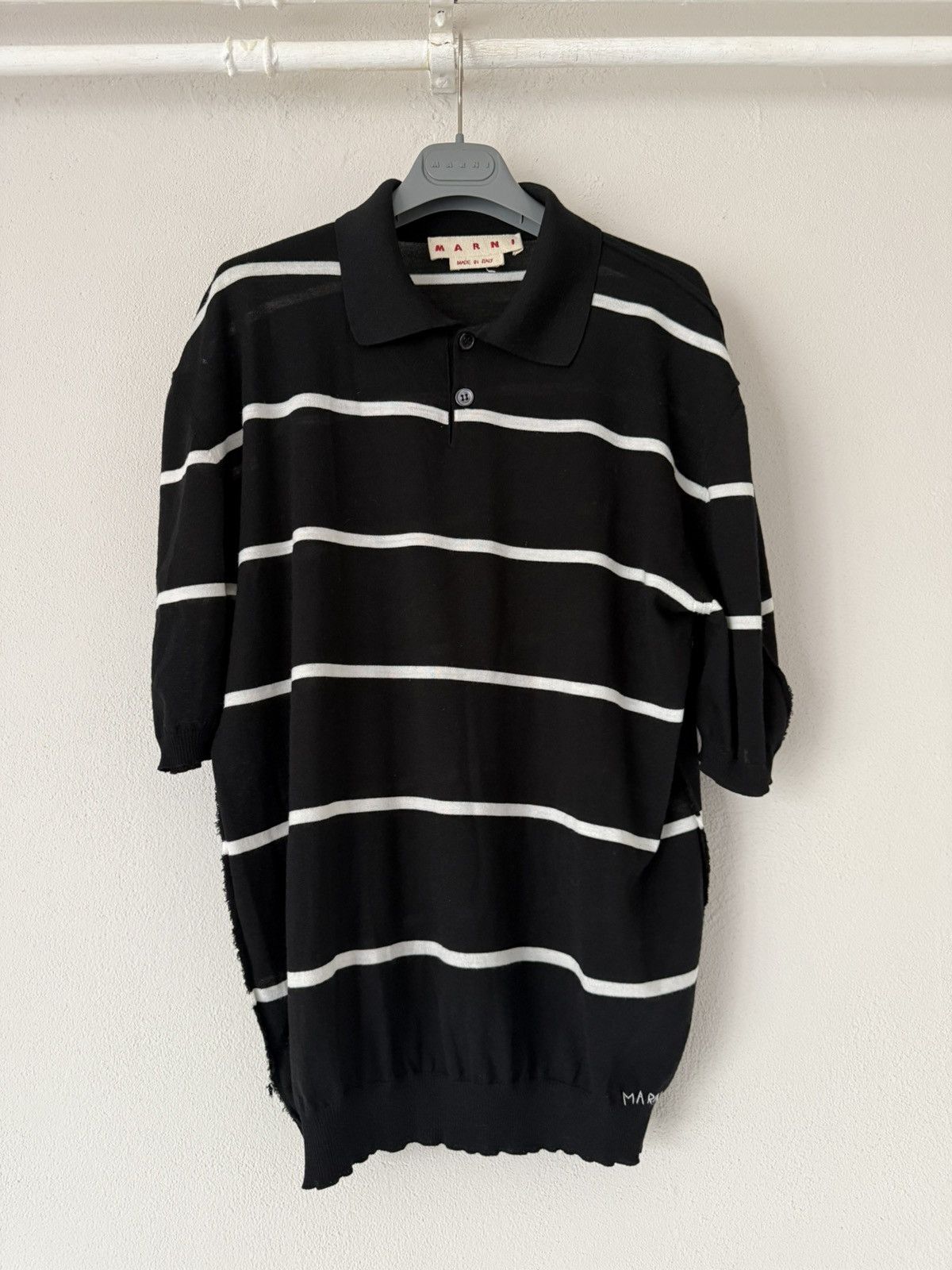 Oversized Striped Knit Polo Shirt in Black