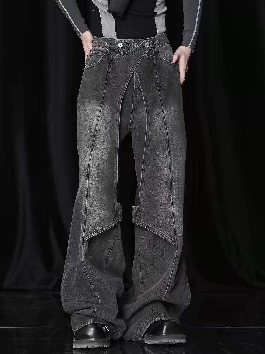 image of Heavy-Duty Washed Distressed Deconstructed Bootcut Jeans in Black, Men's (Size 32)