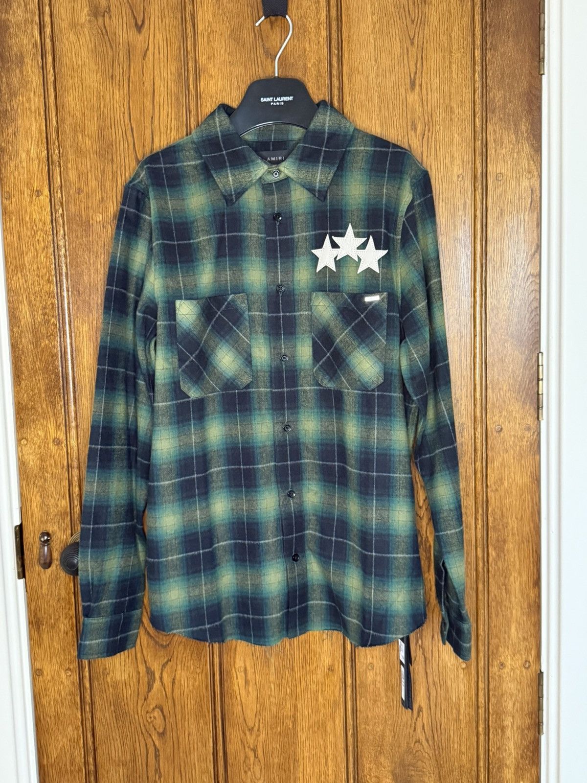 Amiri $990 Amiri leather star patch green flannel check shirt 48 Size US M / EU 48-50 / 2 - 3 Thumbnail