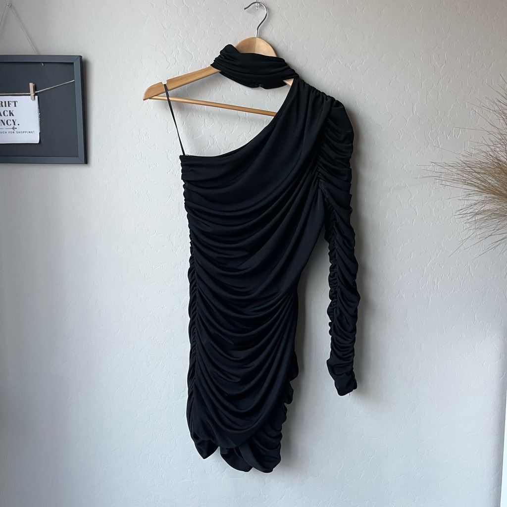 Other Aliette Black Ruched Bodycon Cut Out Mock Neck Long Sleeve M Size S / US 4 / IT 40 - 2 Thumbnail