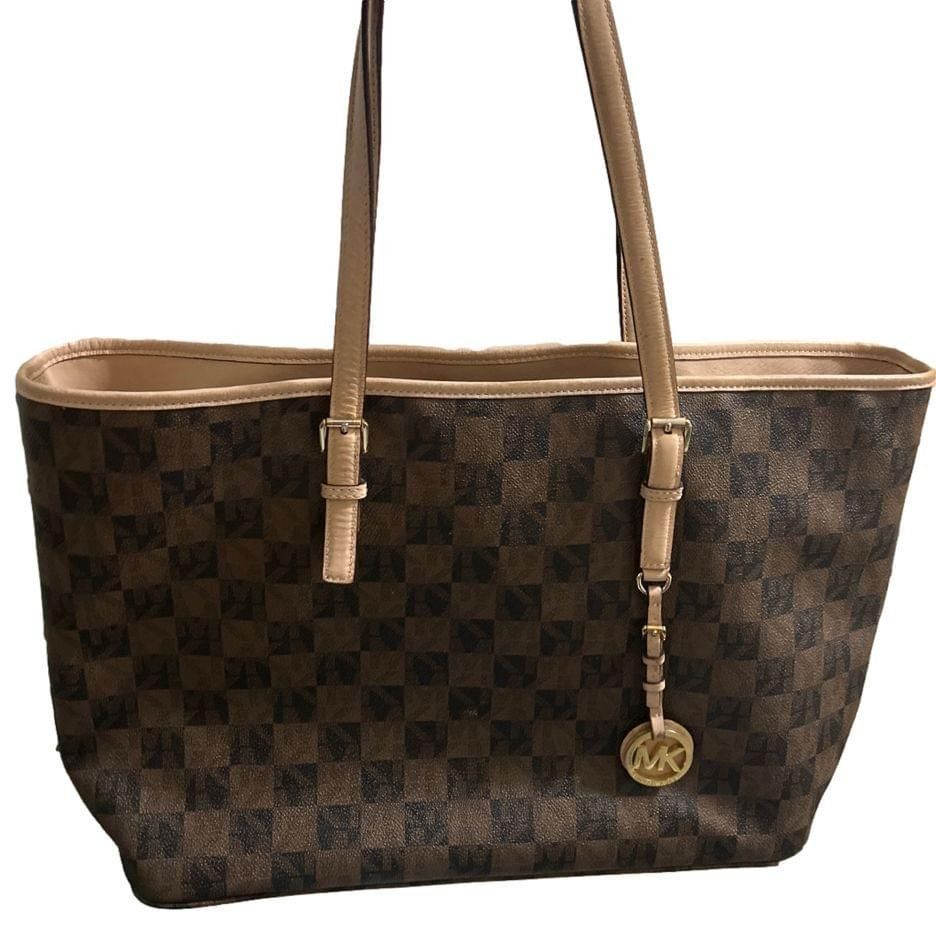 Michael Kors Jet Set Tote Bag Brown Tan Checker Monogram