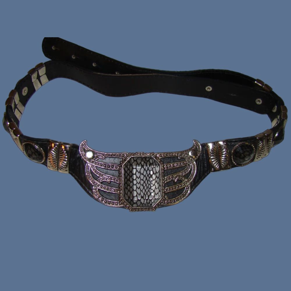 Vintage VINTAGE LEATHEROCK Belt 80s Leather Womens Medium 30-32 Black Snakeskin Gems Bling Adjustable Silvertone Buckle Womens Fashion Size ONE SIZE - 1 Thumbnail