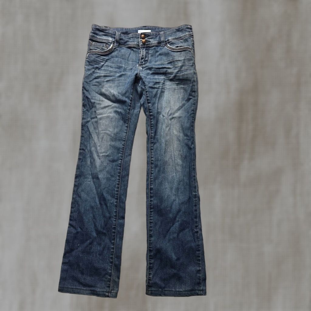 Denime Promod Jeans Women's Low-Rise Stretch Distressed Blue Denim Size 12 Regular 5-Pocket Straight Fit Size 34" / US 12 / IT 48 - 1 Thumbnail