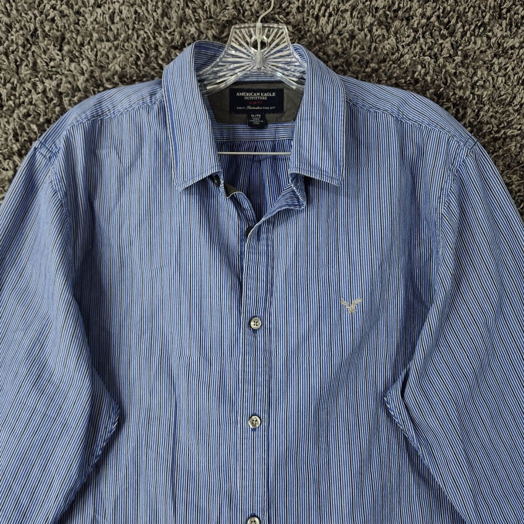 American Eagle Outfitters American Eagle Blue Striped Button Up Long Sleeve Slim Size XL Mens Size US XL / EU 56 / 4 - 3 Thumbnail