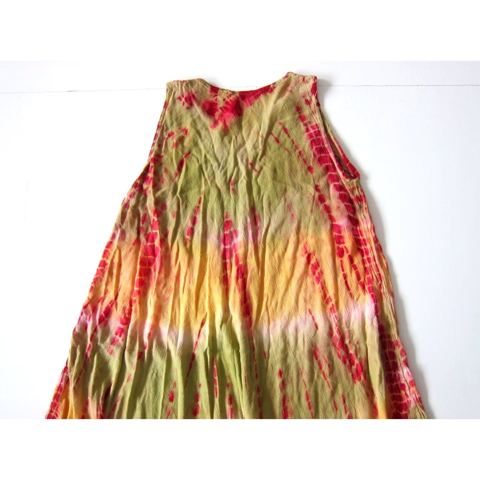 Sunflower VINTAGE Sunflower Tank Dress OS 100% Crinkle Rayon Yellow Pink Embroidered Tie Dye Hippy Dress Womens Size ONE SIZE - 5 Thumbnail