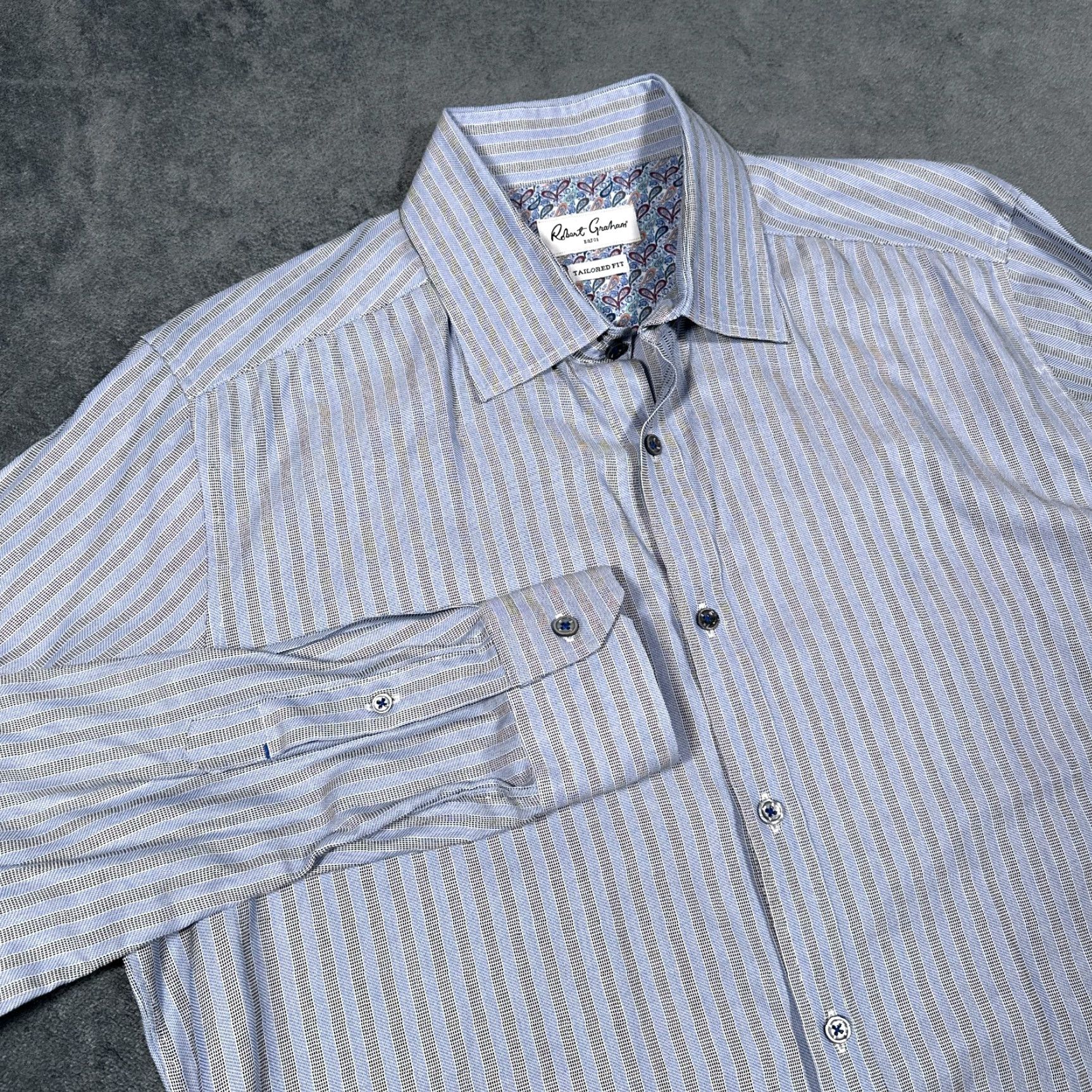Robert Graham VINTAGE Robert Graham Dress Shirt Long Sleeve Mens Large 17 Blue Black Striped Button-Down Business Casual Formal Size US XL / EU 56 / 4 - 3 Thumbnail