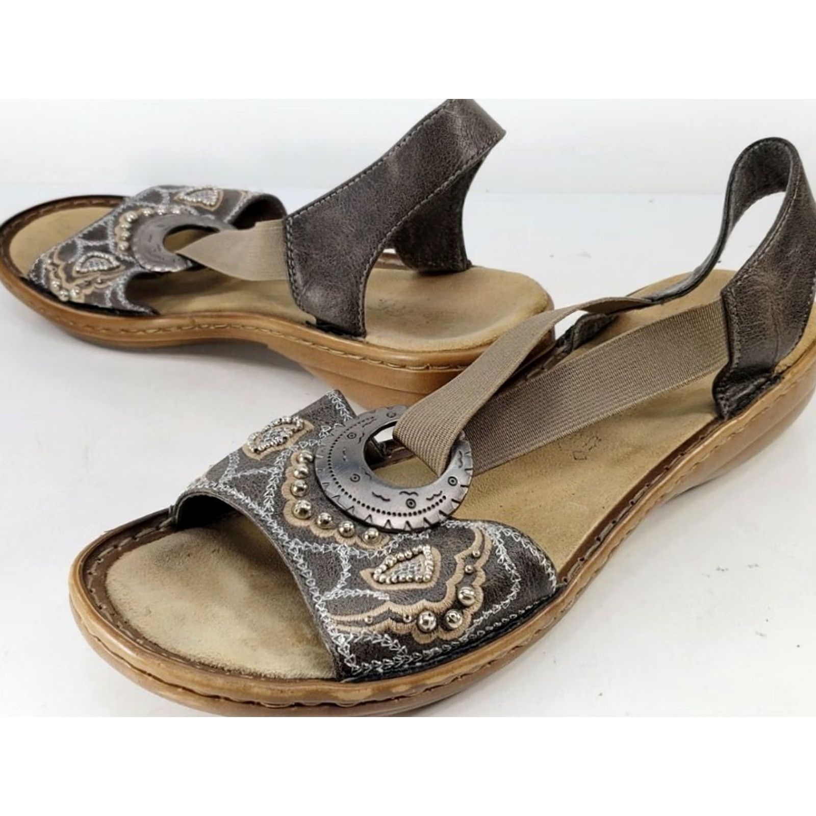 Rieker Rieker Regina Women's Brown Gold Pearl Sandals Elastic Straps Cushy Slingback Size 8M 39E Size US 8 / IT 38 - 2 Thumbnail