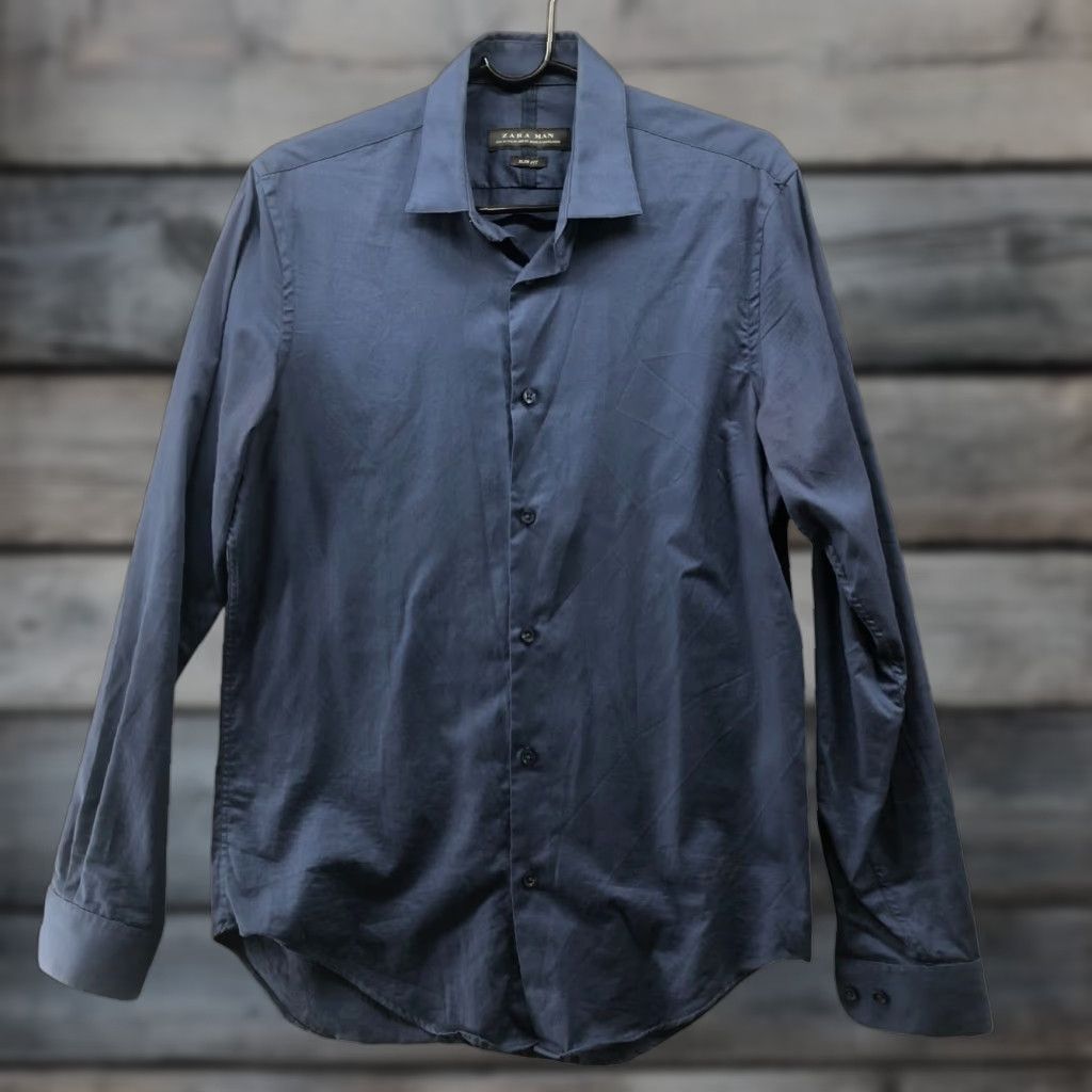 Zara Zara Dress Shirt Mens M Navy Blue Slim Fit Cotton Button-Up Long Sleeve Shirt Size 40R - 1 Thumbnail