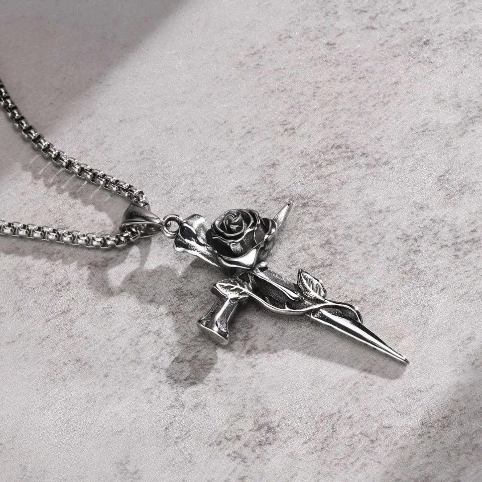 Jewelry × Vintage Vintage Cross Pendant Necklace Rock Punk Rose Flower Gothic Size ONE SIZE - 5 Thumbnail