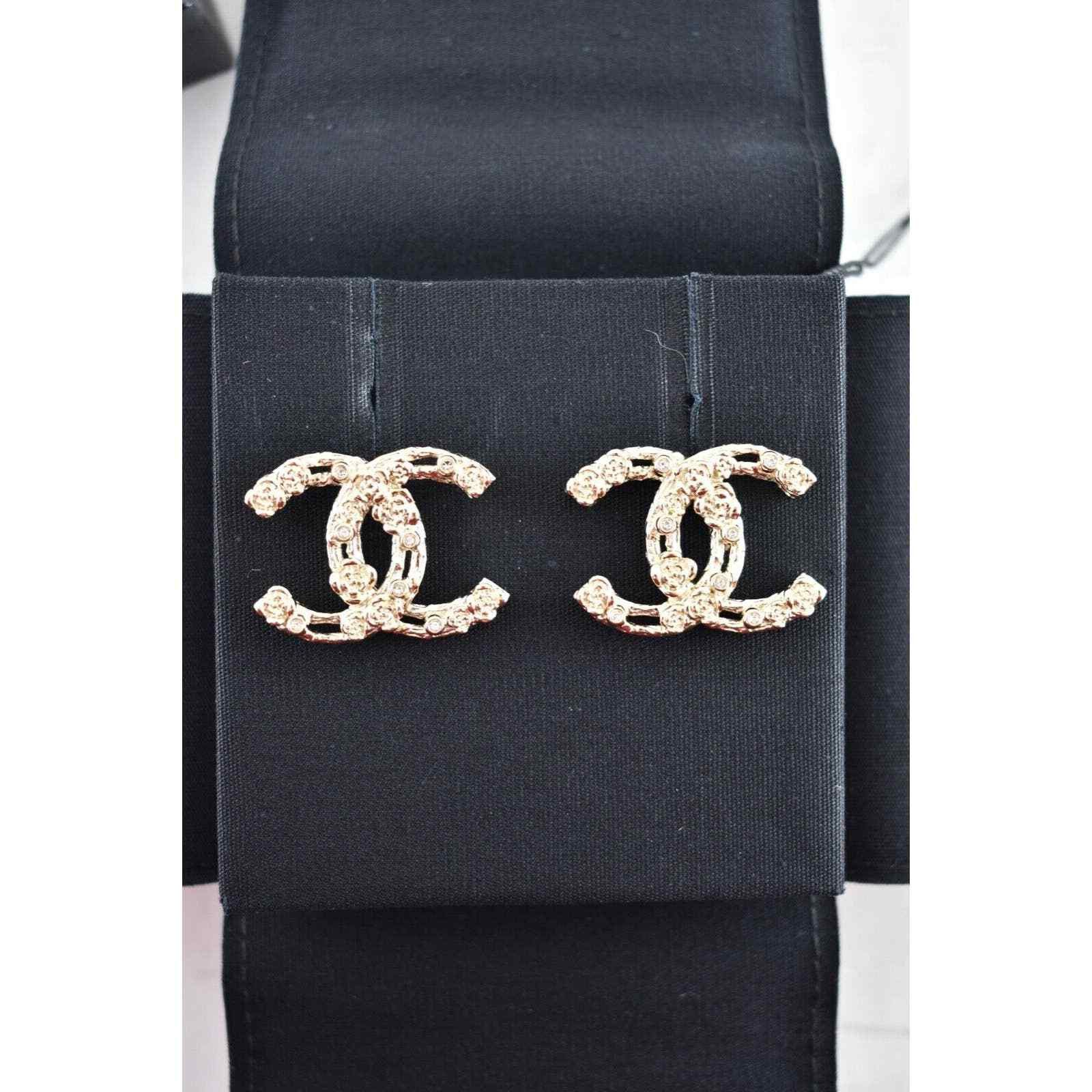 Chanel Chanel Gold Crystal Camellia Statement Drop Stud Earrings Size ONE SIZE - 6 Thumbnail