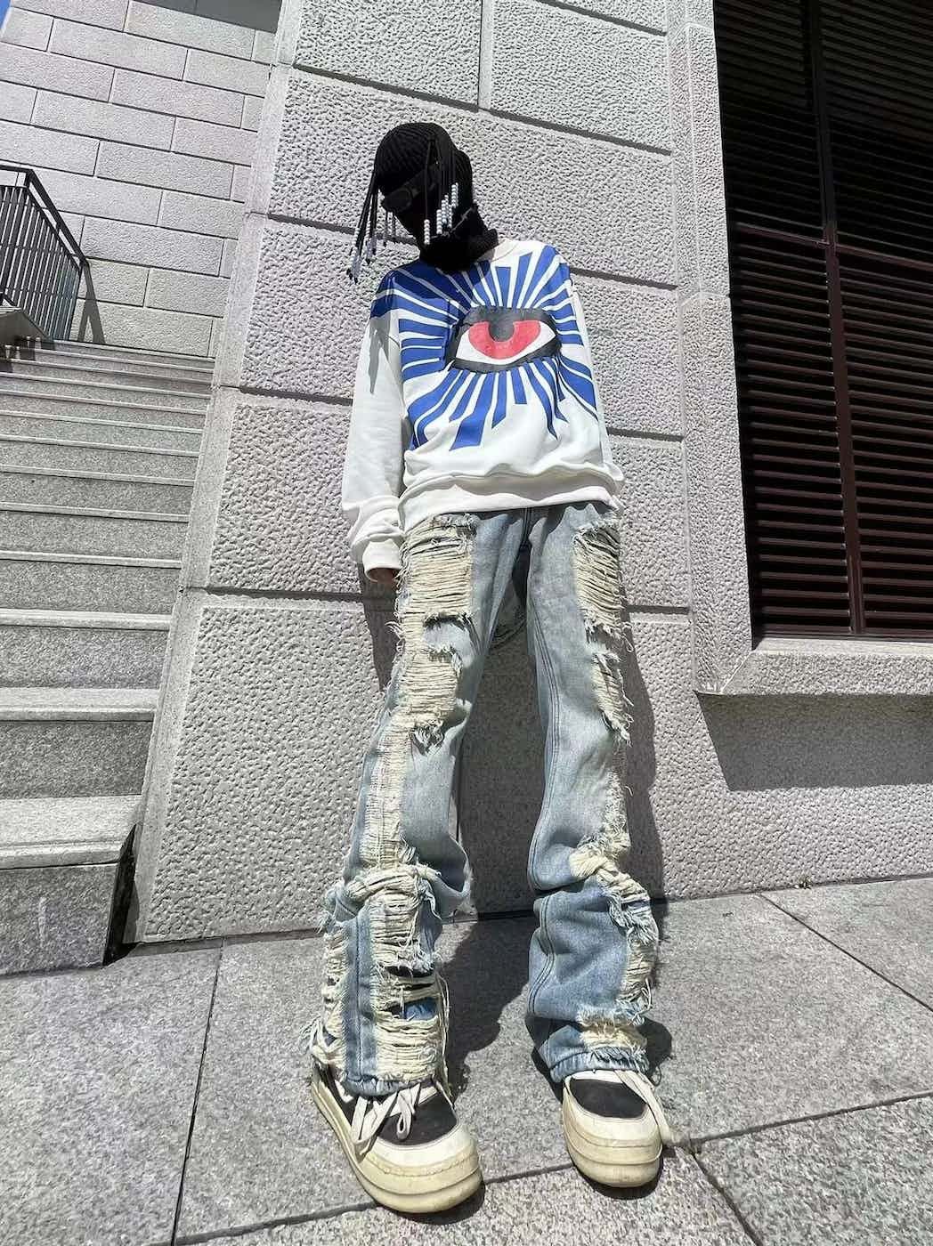 washed faded grunge bootcut ripped jeans