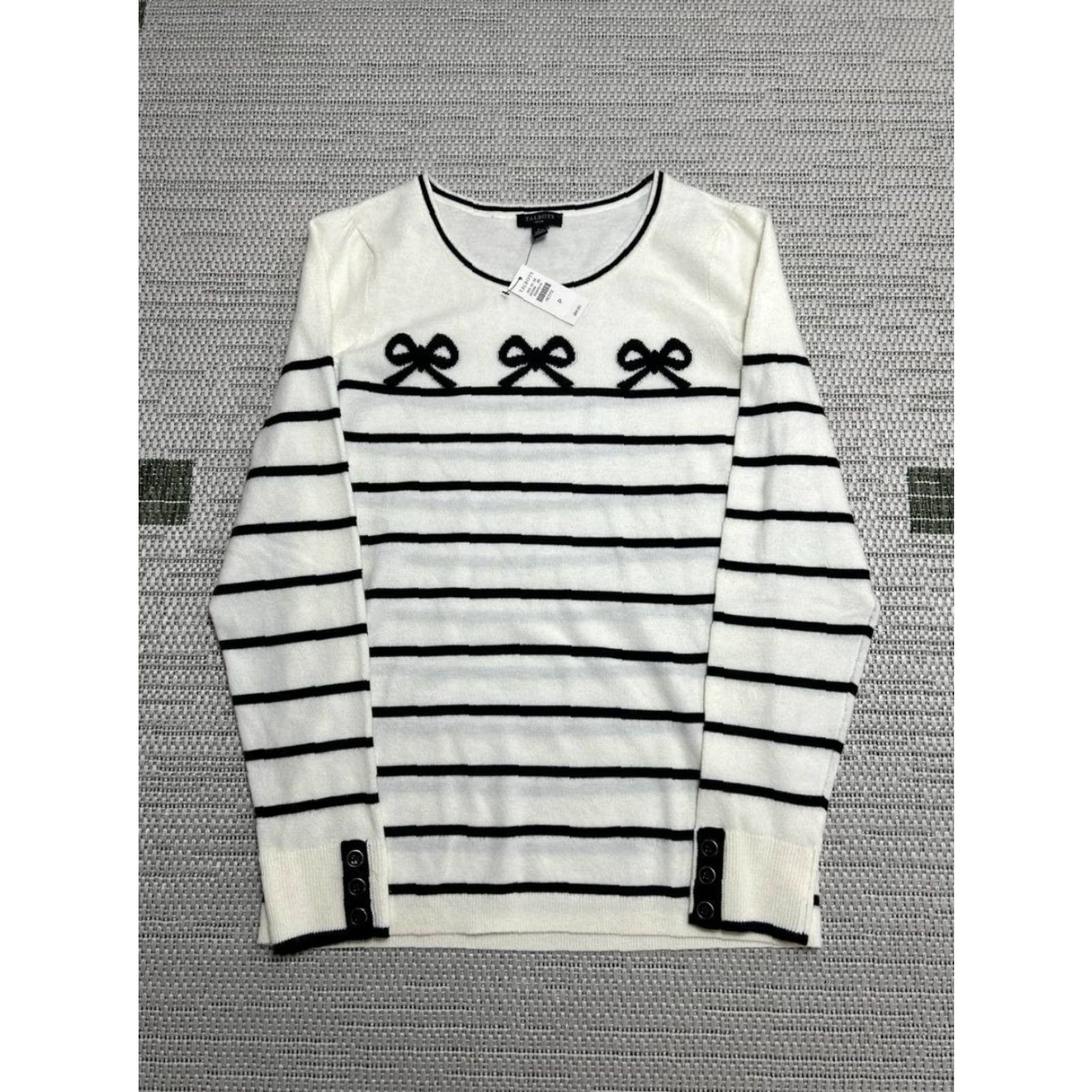 Talbots Talbots Sweater Womens Small Petite White Bows Stripe Puff Sleeve Crew Neck New Size XXS / US 00 / IT 34 - 2 Thumbnail