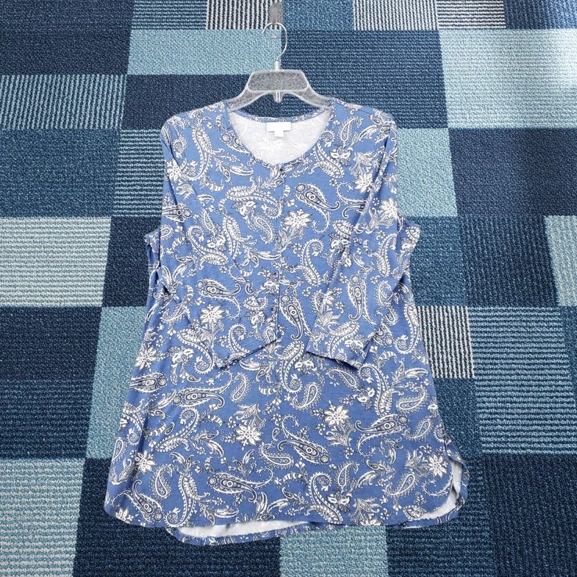 J. Jill J Jill Dress Women S Blue Paisley Mini Tunic Button Up Casual Boho A-Line Sleeve 3/4 Length Round Neck Knit Rayon Tencel Lyocell Short Vintage No Size S / US 4 / IT 40 - 1 Thumbnail