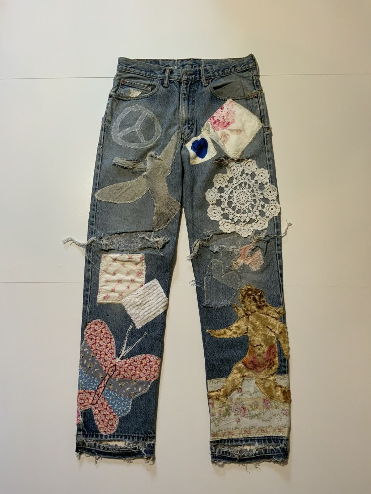 Levi's 1/1 Vintage Levis Patchwork Peace Love Butterfly Denim Jeans Size US 32 / EU 48 - 1 Thumbnail