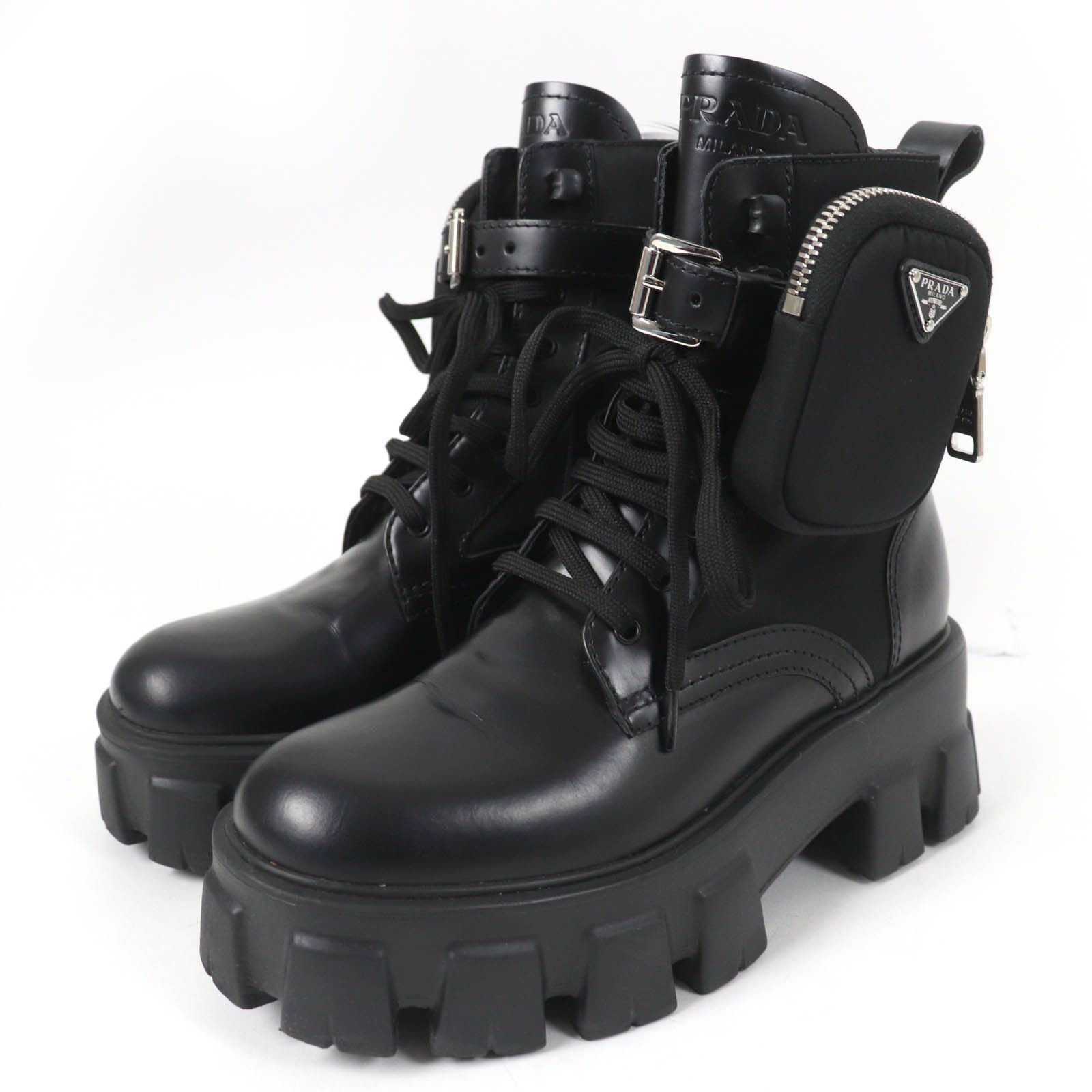 Prada Prada 1T255M Monolith Re-Nylon Triangle Logo With Pouch Brushed Leather Short Boots Leather Shoes 1T255M in Black, Women's