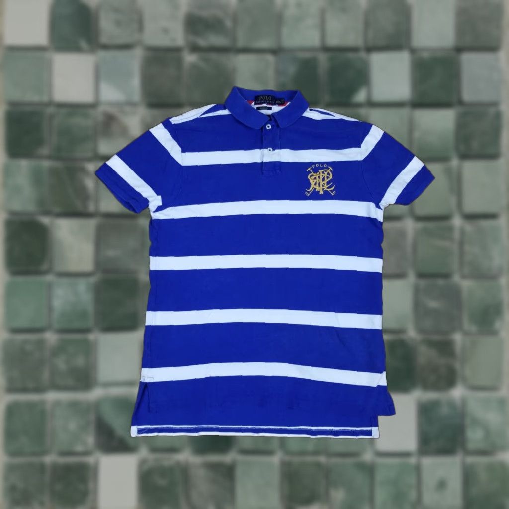 Ralph Lauren VINTAGE Ralph Lauren Polo Blue Stripe Short Sleev e Polo Shirt SZ Large Shirt Men Blue 22 inch Chest 28 inch Length USA University Classic Horse Retro Size US L / EU 52-54 / 3 - 1 Thumbnail