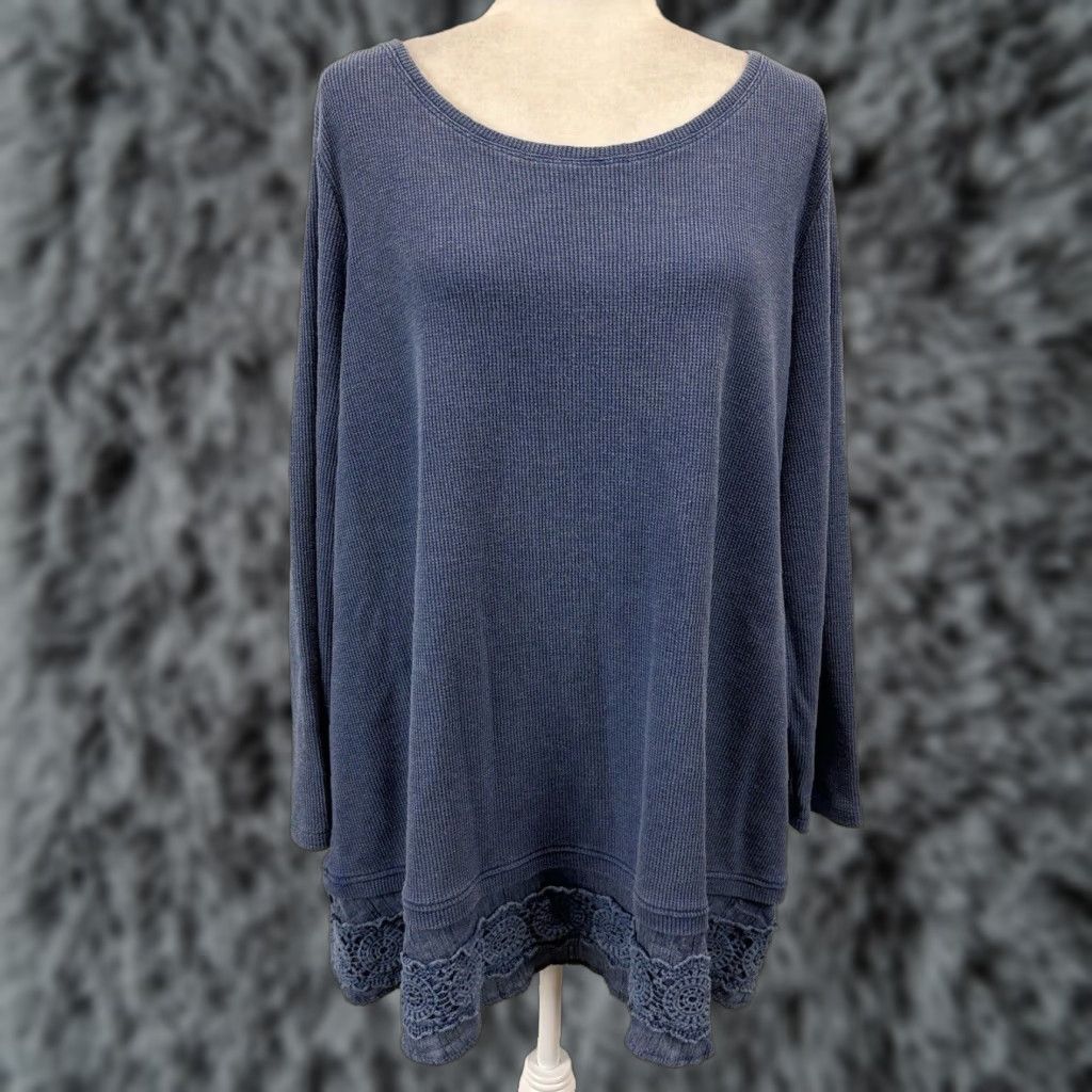 Vintage Ali Miles Waffle Knit Tunic Top Size XL Crochet Hem Detail Pullover Blue Size XL / US 12-14 / IT 48-50 - 1 Thumbnail