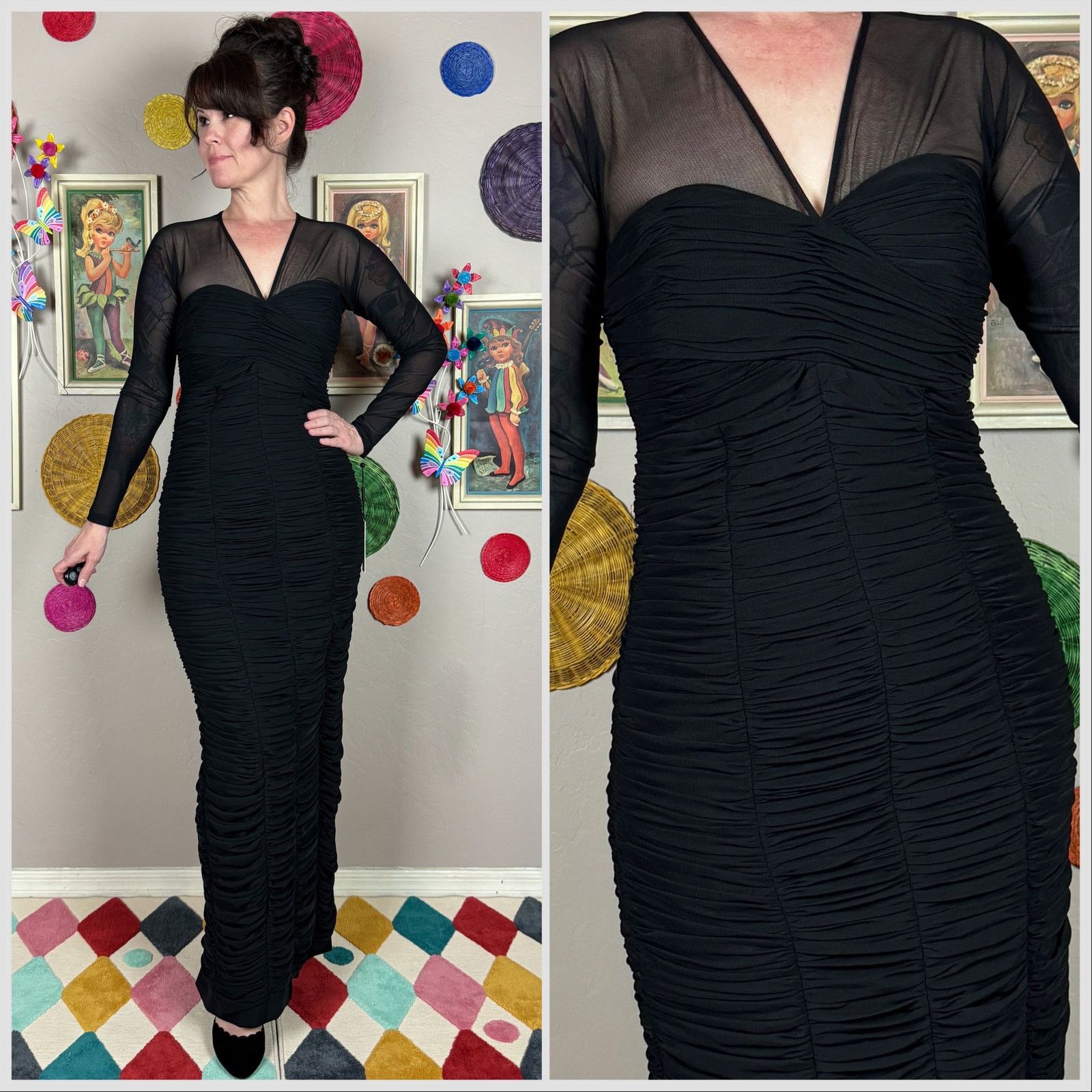 Other Vicky Tiel Black Long Sleeve Mesh Ruched Mummy Dress Size S / US 4 / IT 40 - 1 Thumbnail