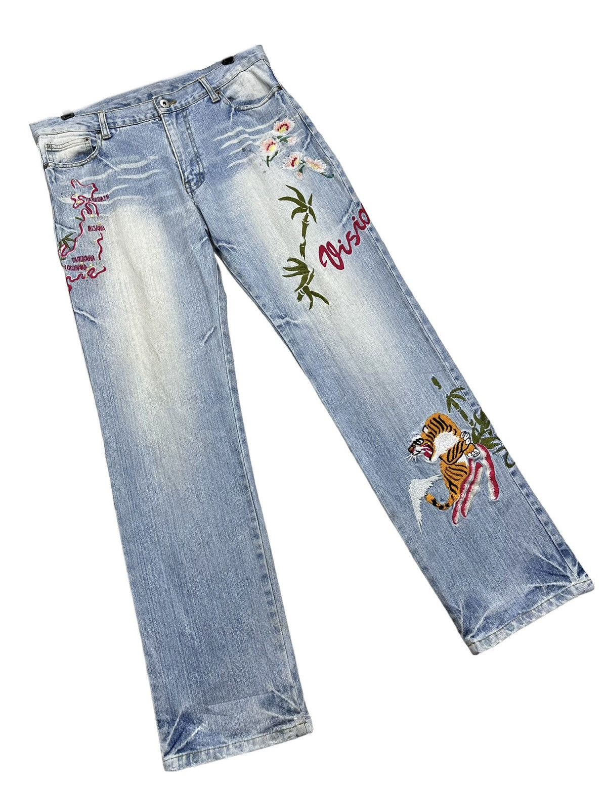 Japanese Brand 💥VISION OF JAPAN Sukajan Embroidery Light Wash Distressed Size 31" - 9 Thumbnail
