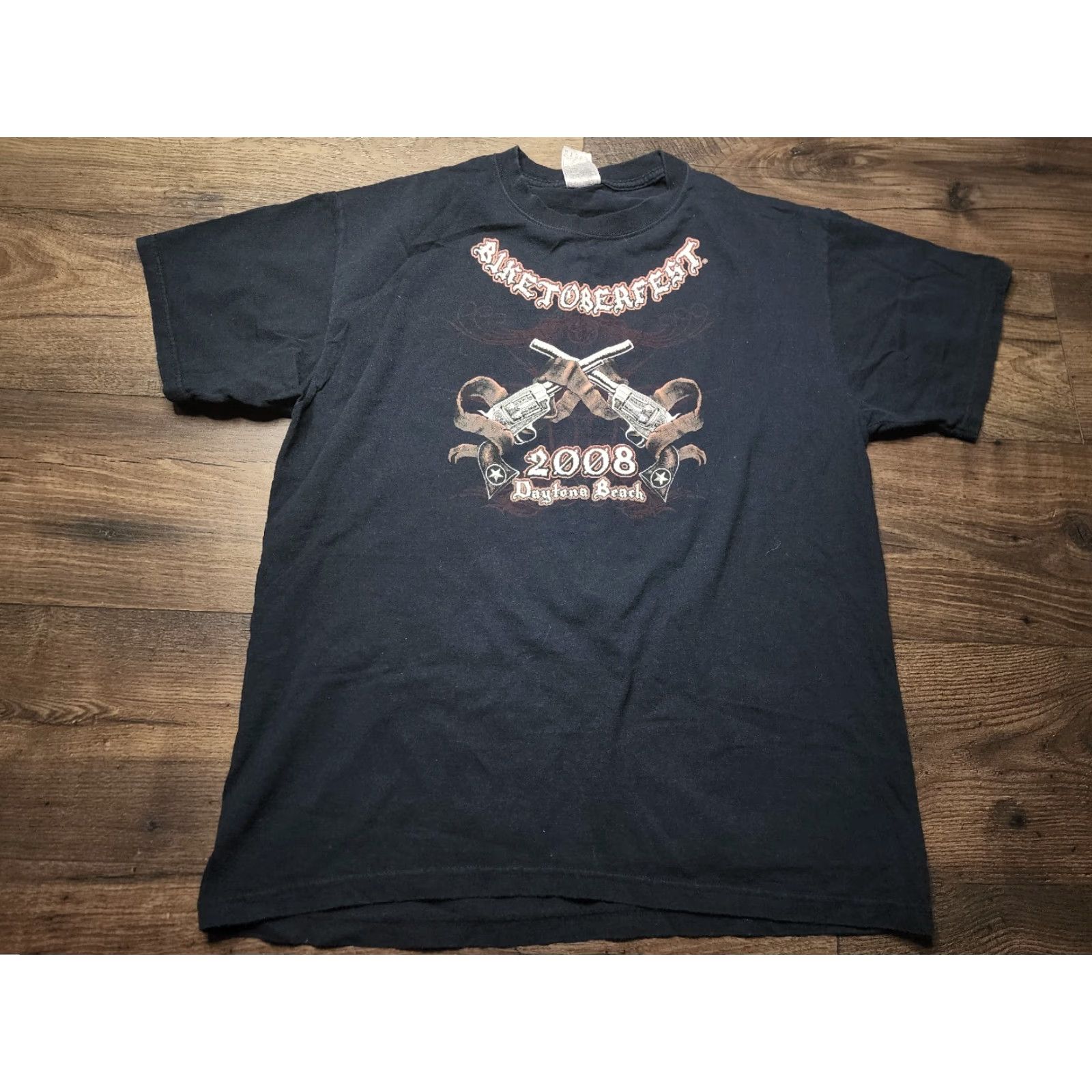 Gildan Mens L Daytona Beach Florida Biketoberfest 2008 Guns Double Sided Biker Size US XL / EU 56 / 4 - 4 Thumbnail