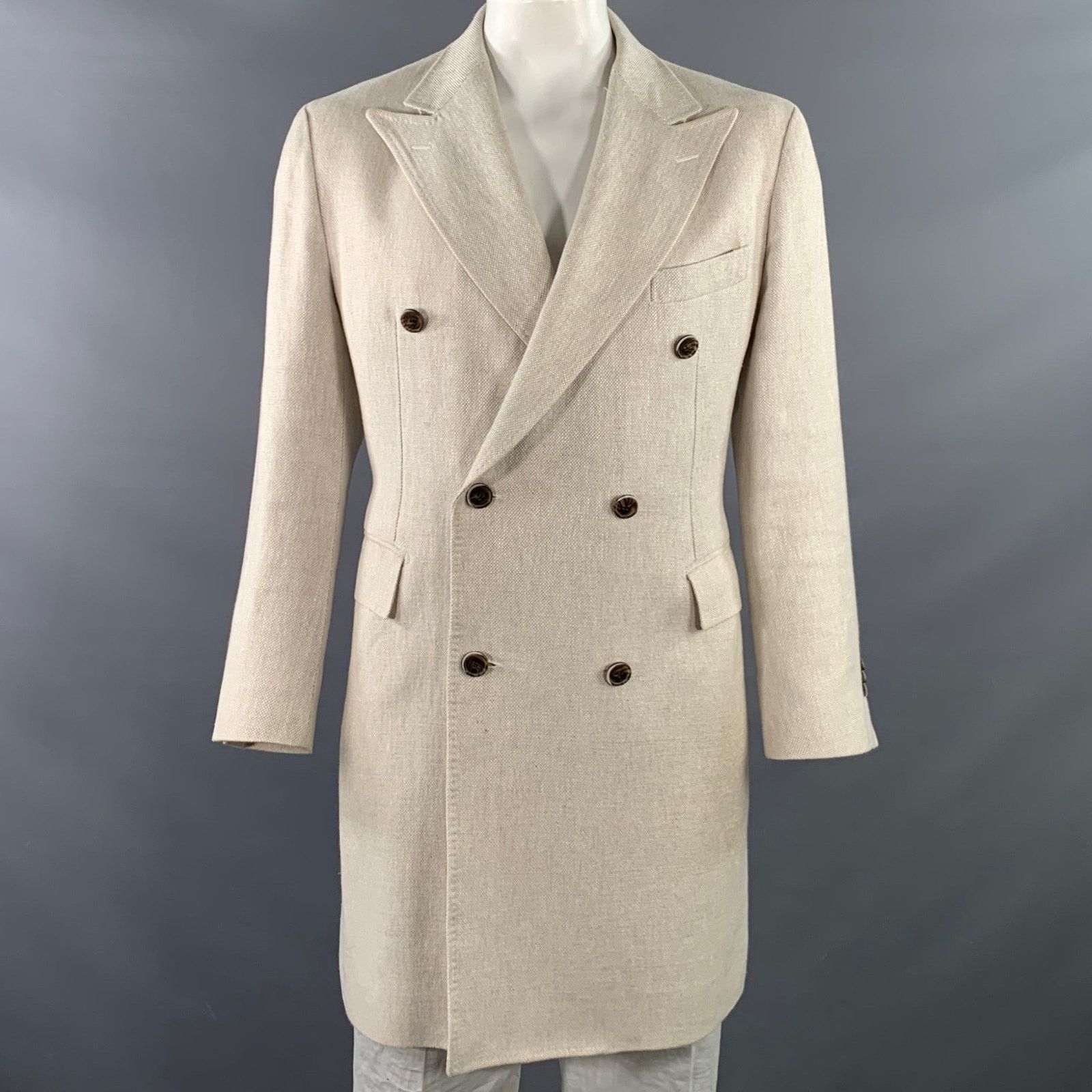 Suitsupply Beige Stone Woven Linen Double Breasted Peak Lapel Coat Size US XL / EU 56 / 4 - 1 Thumbnail