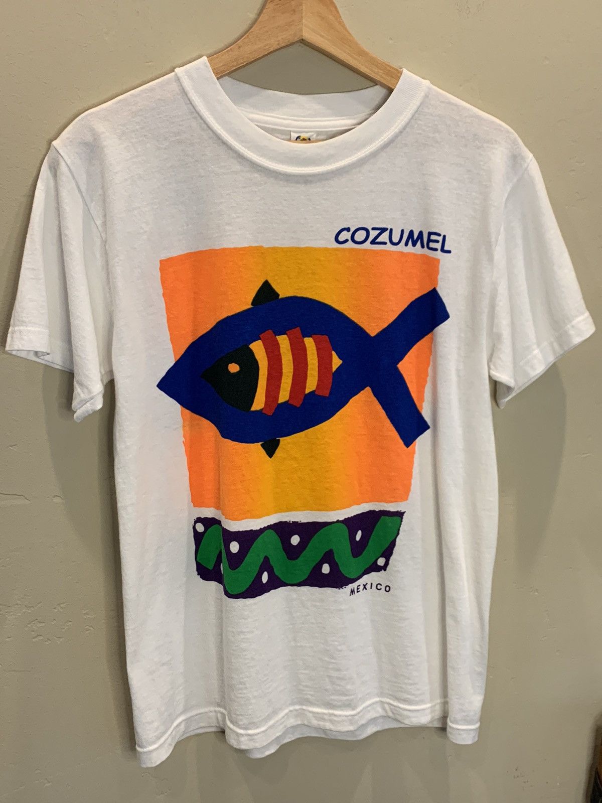 Image of Vintage Cozumel Mexico Art Fish T-Shirt - Small in White, Men's