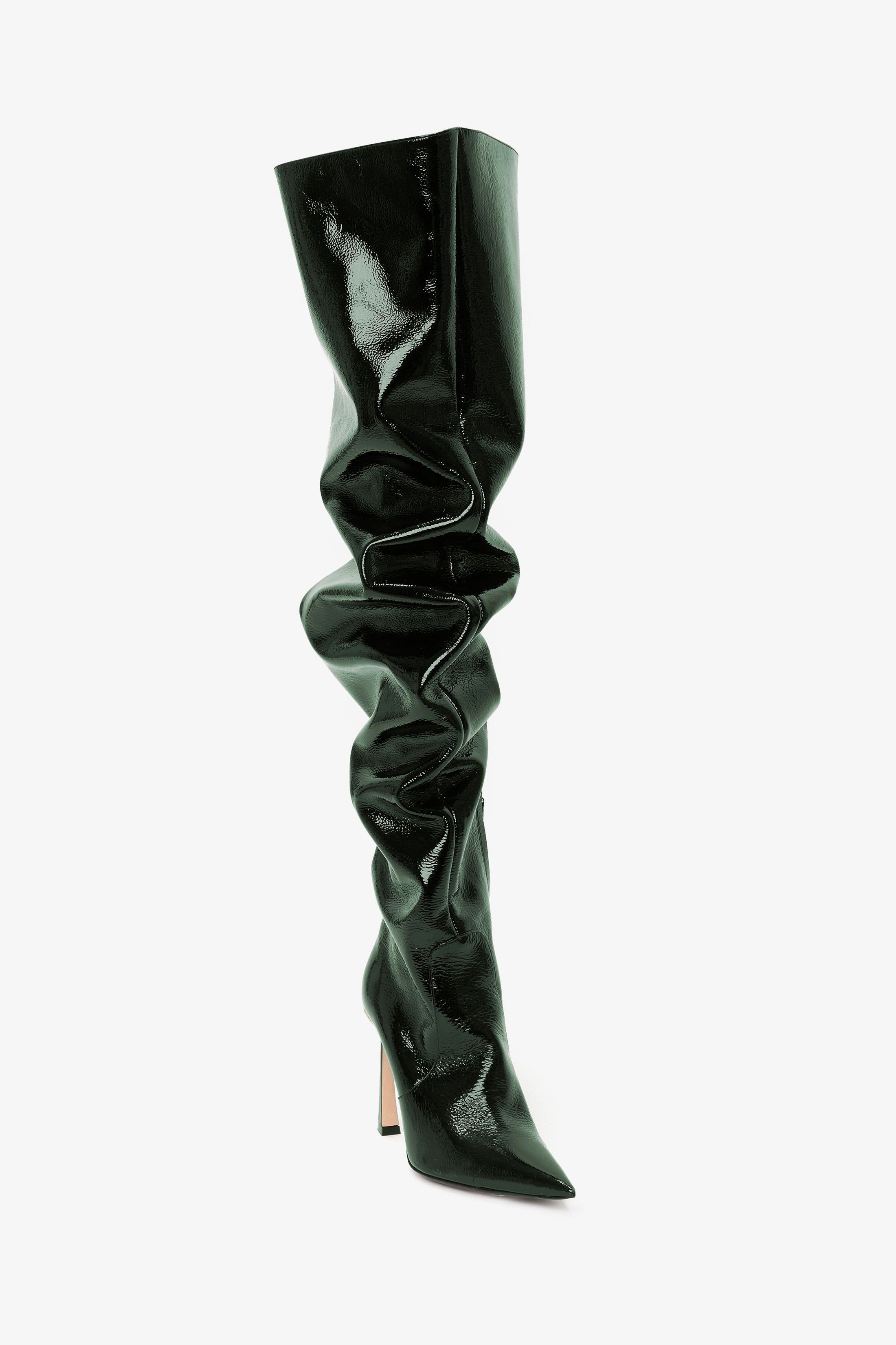 Victoria Beckham o1mle0525 Thigh High Pointy Boots Dark Green Grained Patent Size US 7 / IT 37 - 2 Thumbnail