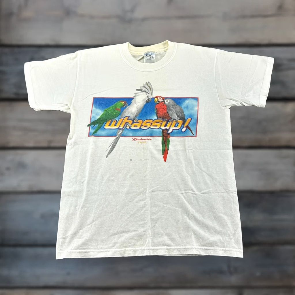 Gildan VINTAGE Budweiser Shirt Men M White Box Logo Whassup Parrots Wildlife Cotton Y2K Size US M / EU 48-50 / 2 - 1 Thumbnail