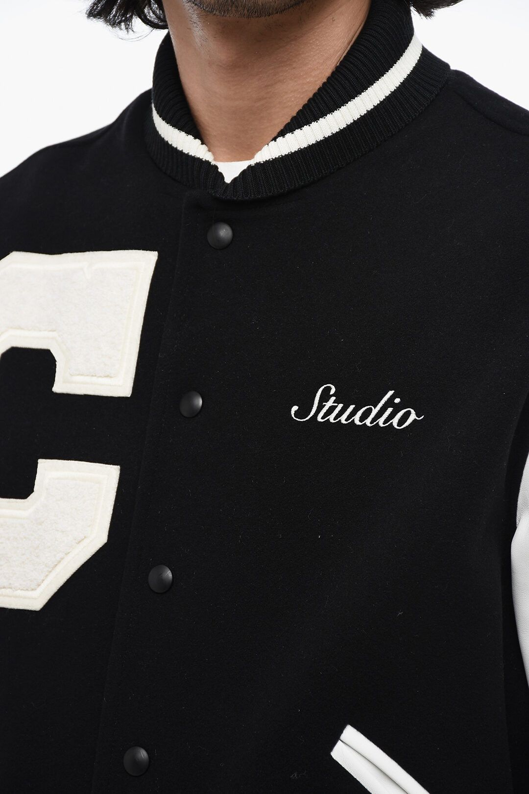 1989 STUDIO og1mm1024 Leather Sleeves Bomber Jacket in Black White Size US L / EU 52-54 / 3 - 3 Thumbnail