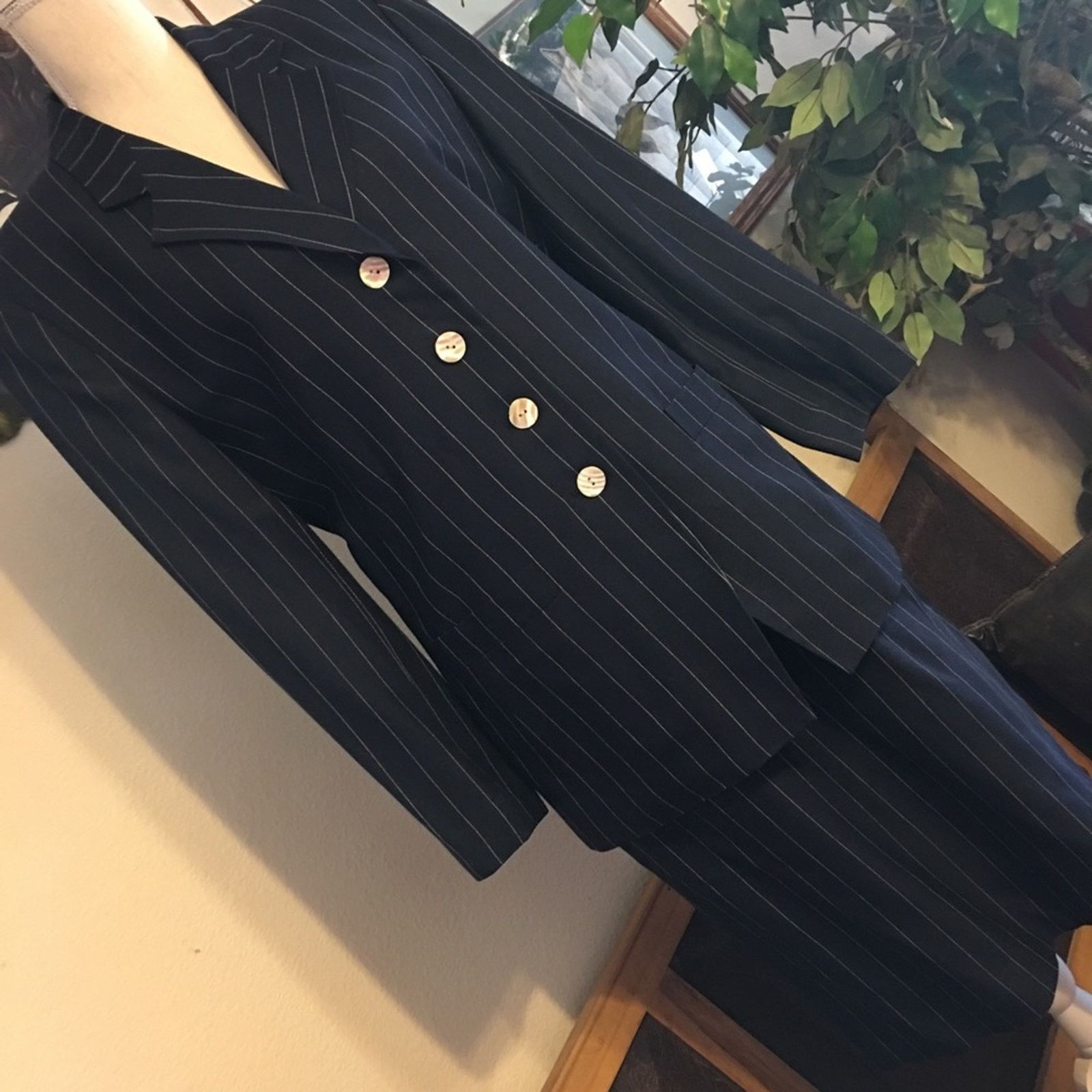 Vintage Vintage 90s Le Suit dark navy stripe skirt set 10 Size L / US 10 / IT 46 - 1 Thumbnail