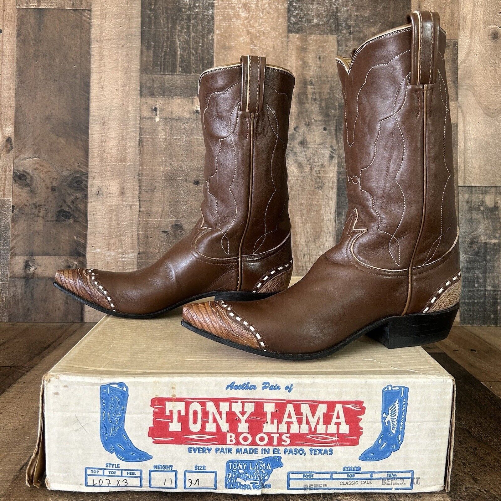 image of Tony Lama Vintage Brown Lizard Wingtip Cowboy Boot Women 7 A