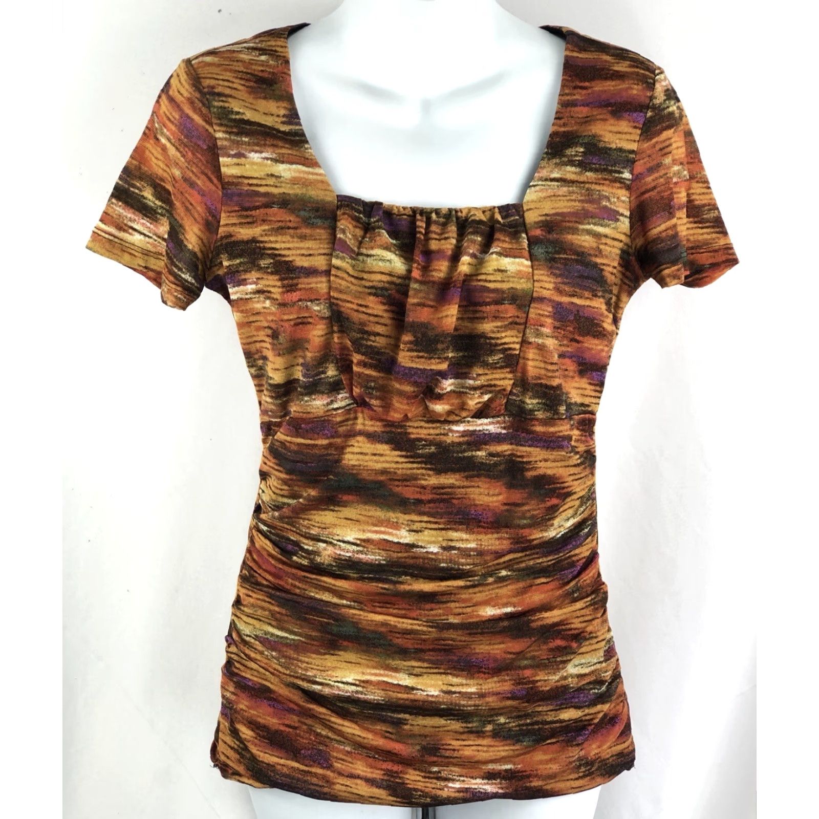 Style & Co Style & Co Top M Multi Retro Grunge Geometric Ruched Square Neck Stretch Blouse Short Sleeve Casual Shirt Womens M Multicolor 70s Colorful Size M / US 6-8 / IT 42-44 - 5 Thumbnail