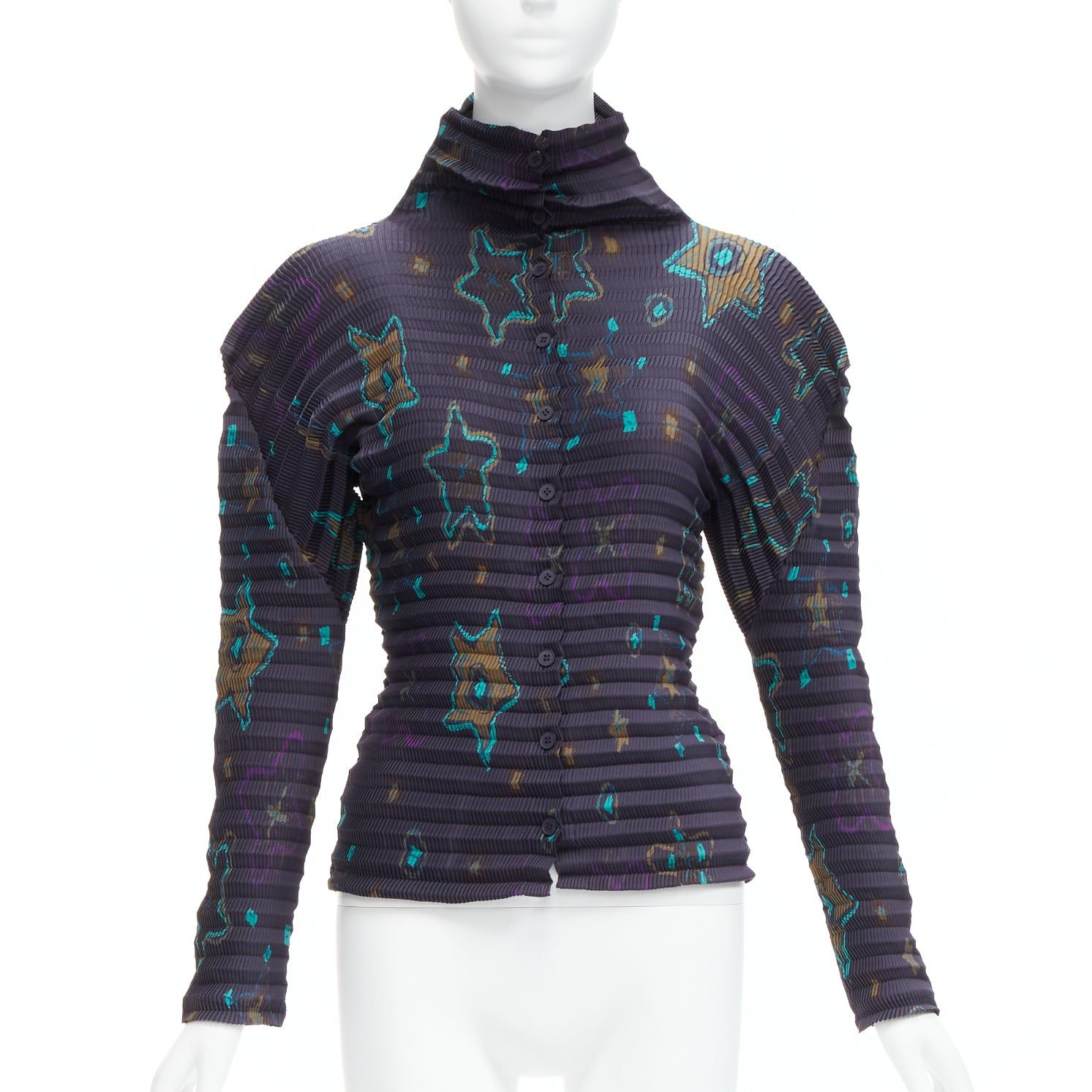 Issey Miyake rare ISSEY MIYAKE PLEATS PLEASE green star print dark blue stand collar pleated shirt top JP2 M Size M / US 6-8 / IT 42-44 - 1 Thumbnail