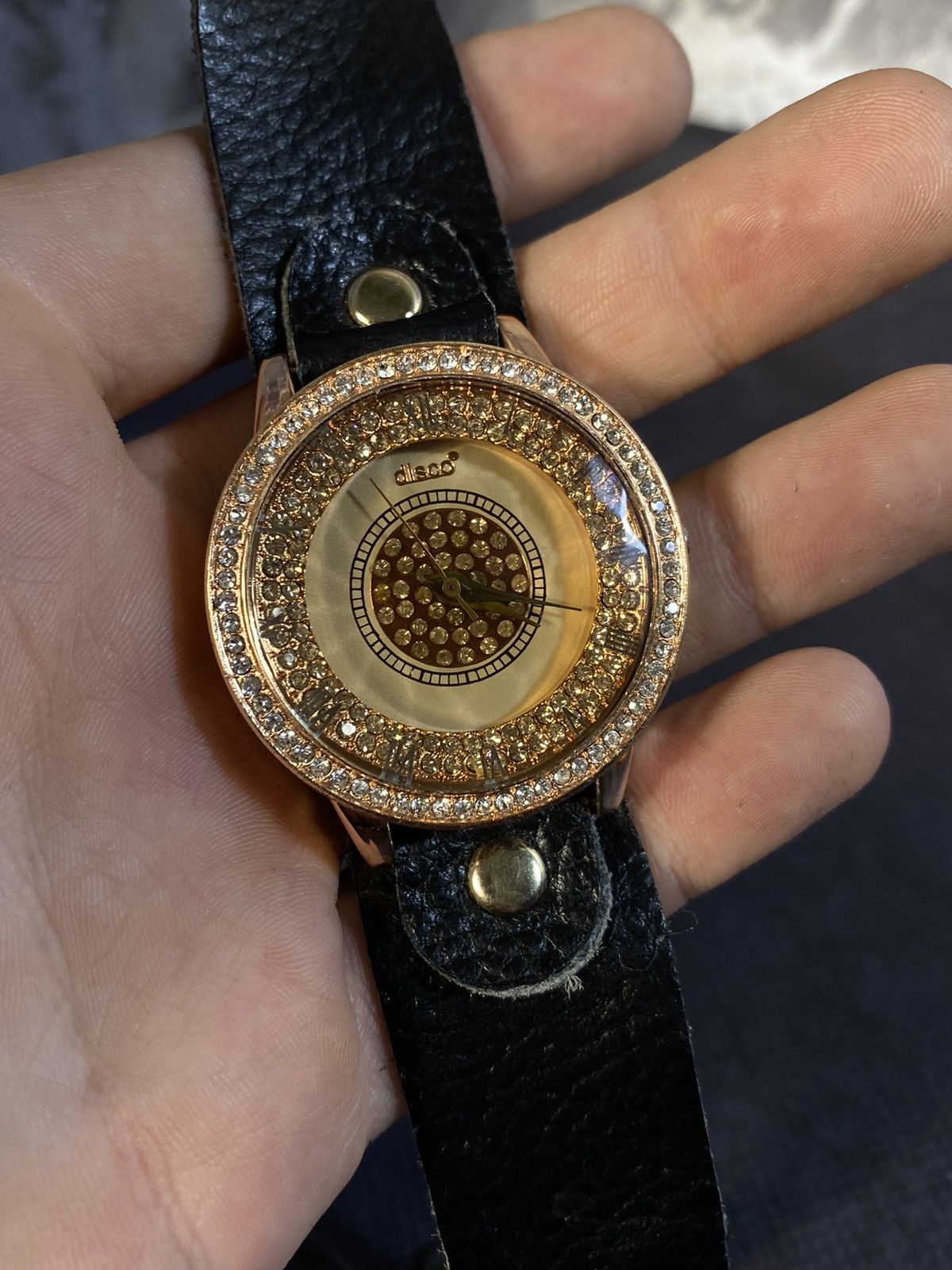 Vintage Disco Gold-Tone Rhinestone Watch with Leather Strap Size ONE SIZE - 9 Thumbnail