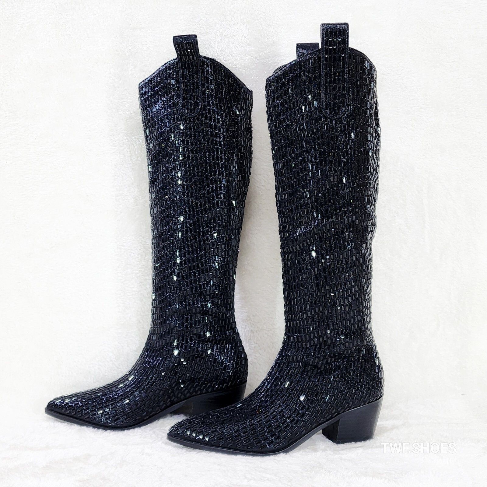 Other Shattered Black Rhinestone Western Cowgirl Knee Boots NEW (U Size US 6.5 / IT 36.5 - 5 Thumbnail