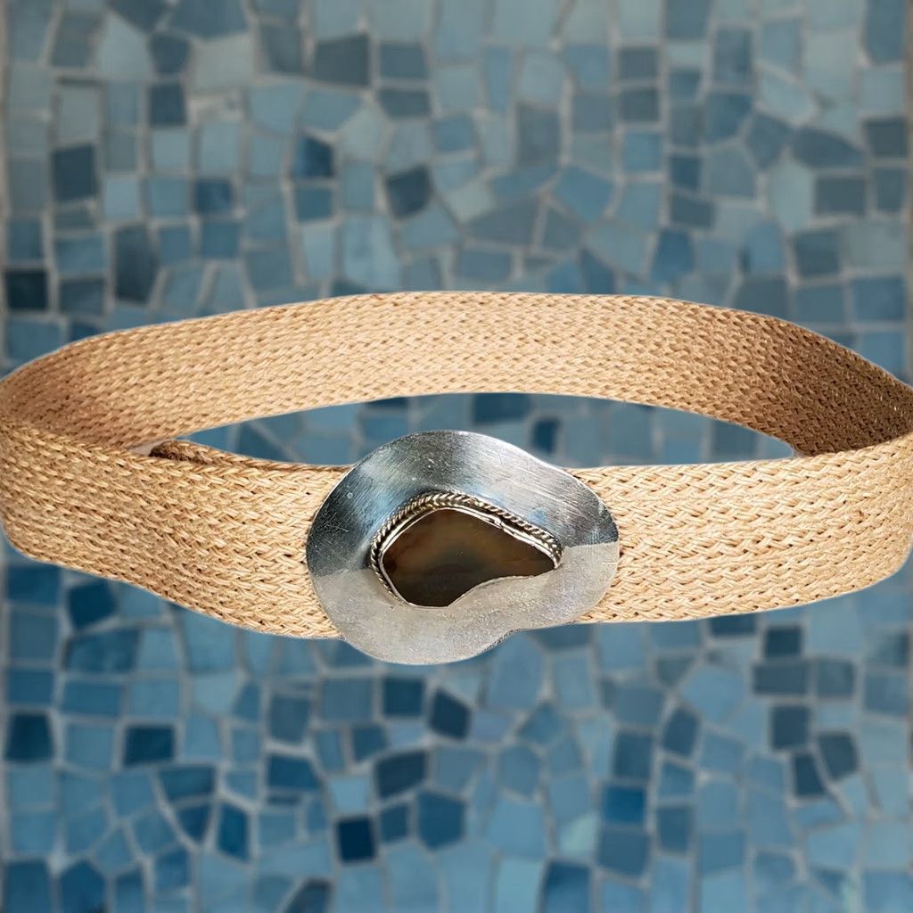 Vintage VINTAGE Boho Hippie Raffia Weave Stone Inlay Silver Metal Buckle Belt 38" Made India Size ONE SIZE - 1 Thumbnail
