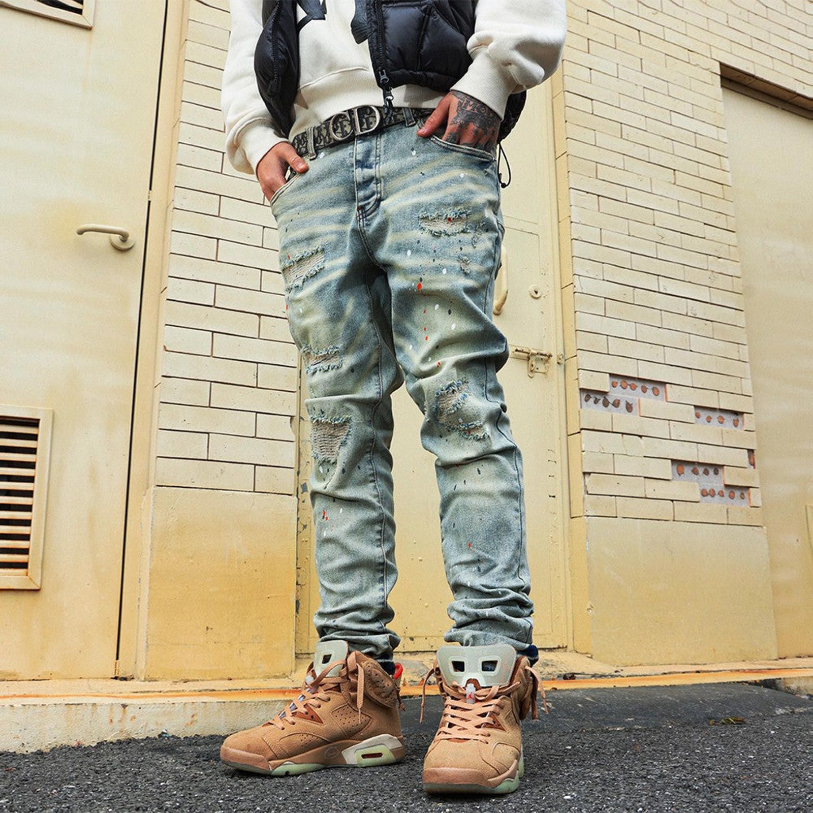 Jean Slim Fit Patch Jeans – Speckled Wash, Wrinkled Detail Size US 32 / EU 48 - 1 Thumbnail