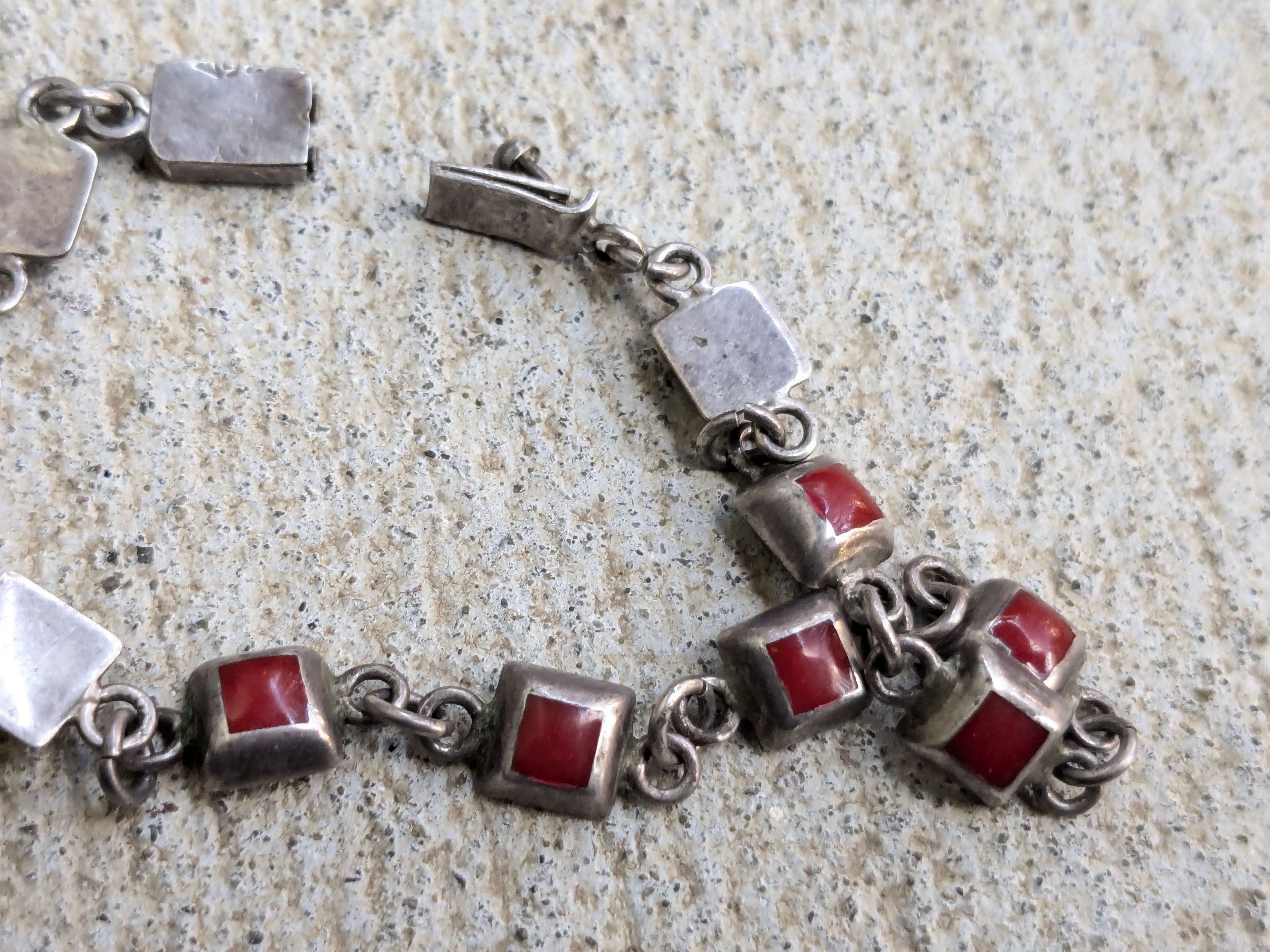 Jewelry Vintage Sterling Silver Bracelet Red Enamel Square Mexico Size ONE SIZE - 5 Thumbnail