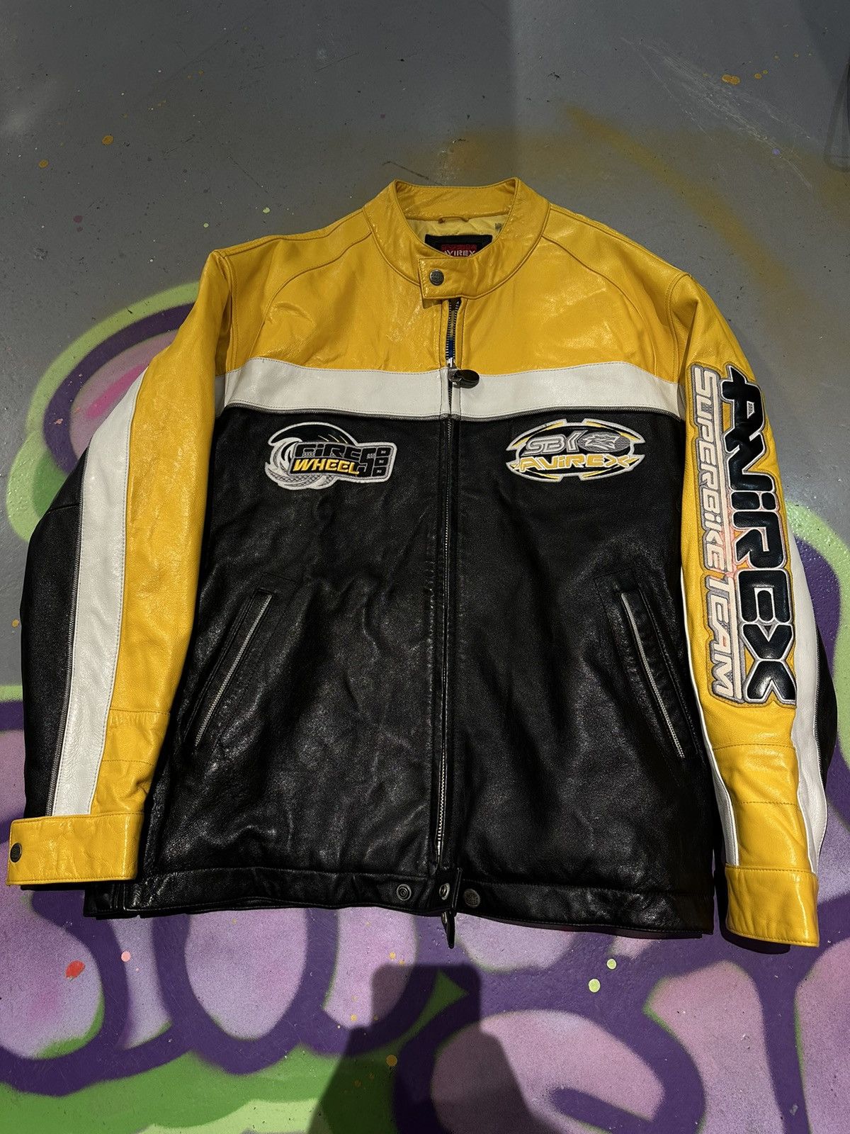 image of Avirex Leather Biker Jacket 4Xl in Black/Yellow, Men's (Size 2XL)