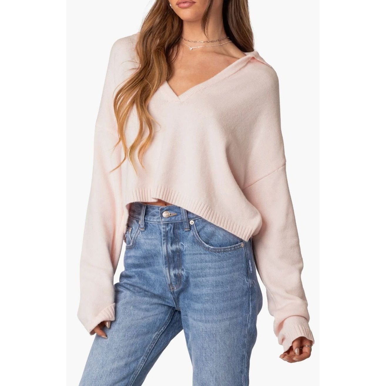 Nordstrom Edikted Marcie Johnny Collar Light Pink Oversize Crop Sweat Size XS / US 0-2 / IT 36-38 - 1 Thumbnail