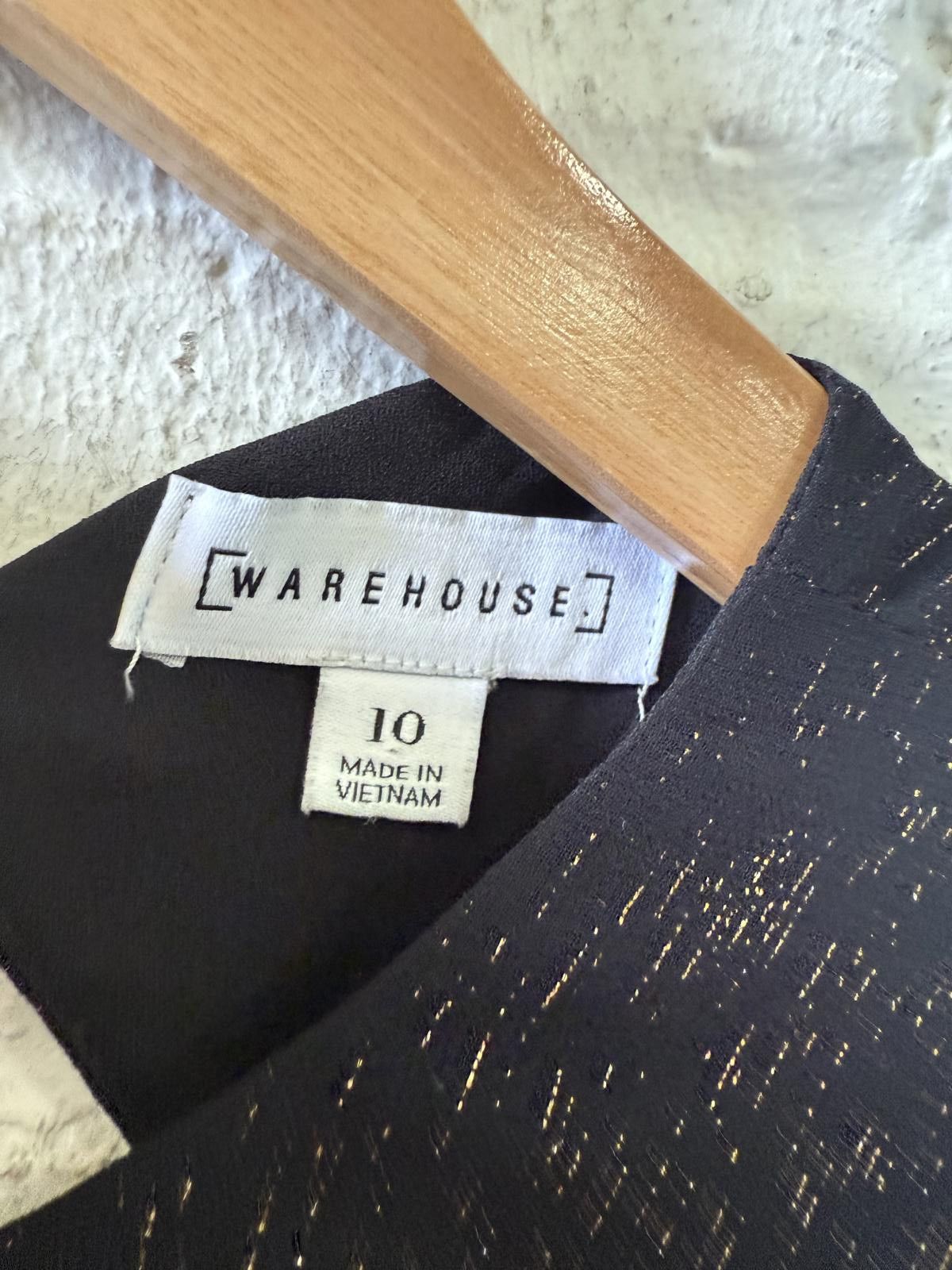 Warehouse Warehouse Black Long Sleeve Pleated Dress with Gold Detail Size L / US 10 / IT 46 - 3 Thumbnail