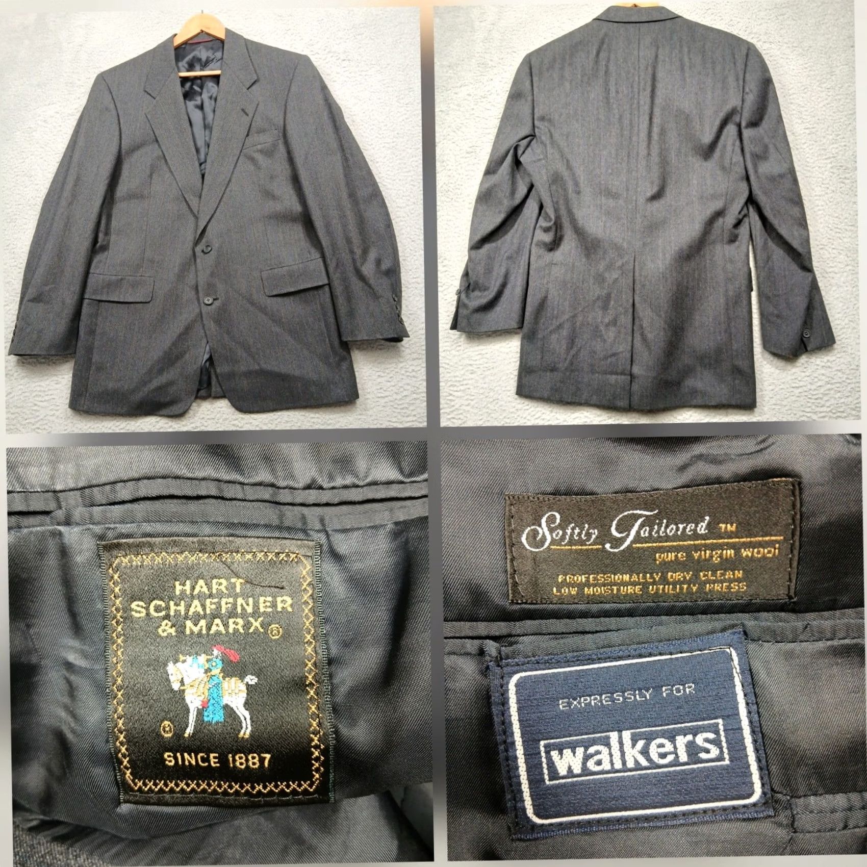 Hart Schaffner Marx Hart Schaffner Marx Blazer Mens Gray Wool 2 Button Jacket Suit Jacket Tweed Herringbone Notch Lapel 44 Regular Vintage No Size 44R - 2 Thumbnail